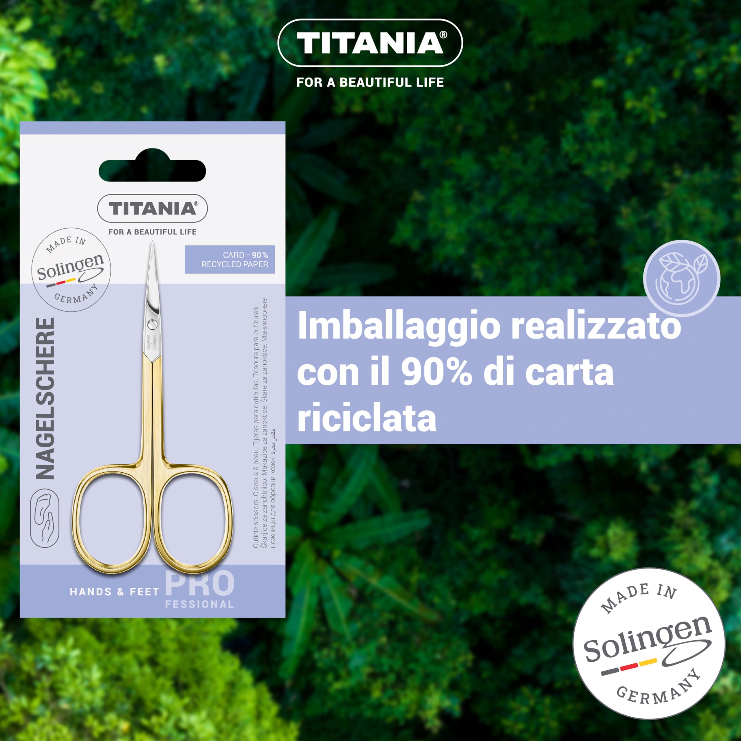 TITANIA Forbici per Cuticole Solingen con Punta Sottile Curve Dorate (9,5 cm) • Forbici Professionale per Cuticole Vergoldate • Forbici in Acciaio Carbonio di Alta Qualità • Made in Germany