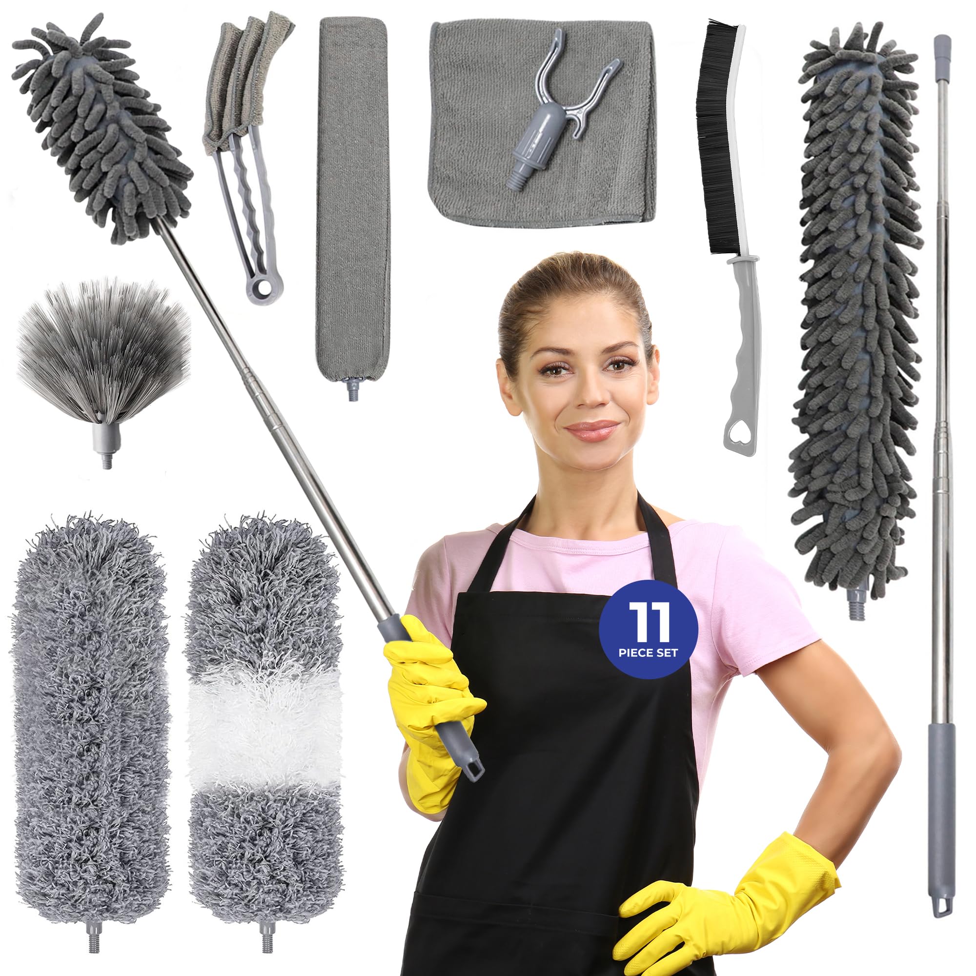UK Company 11 PCS 16-100 Inch Telescopic Feather Duster Set For Cleaning Lights, Ceilings, Skirting Boards, Crevices, Venetian Blinds, Radiators, Cobwebs, Ceiling Fans And Cars - Washable