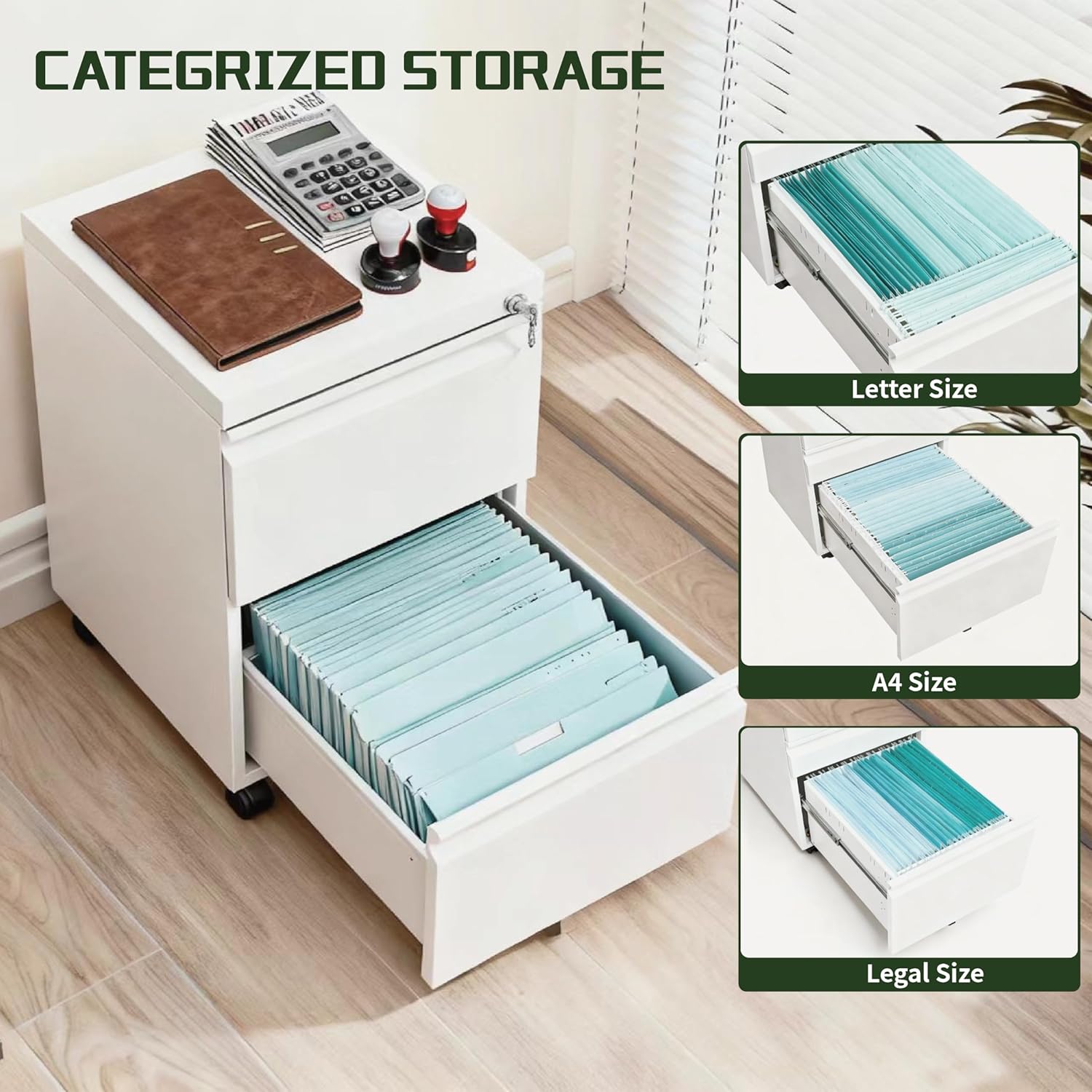 2 Drawer File Cabinet with Lock,Rolling Filing Cabinet with Wheels for Home Office,Under Desk Metal File Cabinet,Office Storage Organizer,White