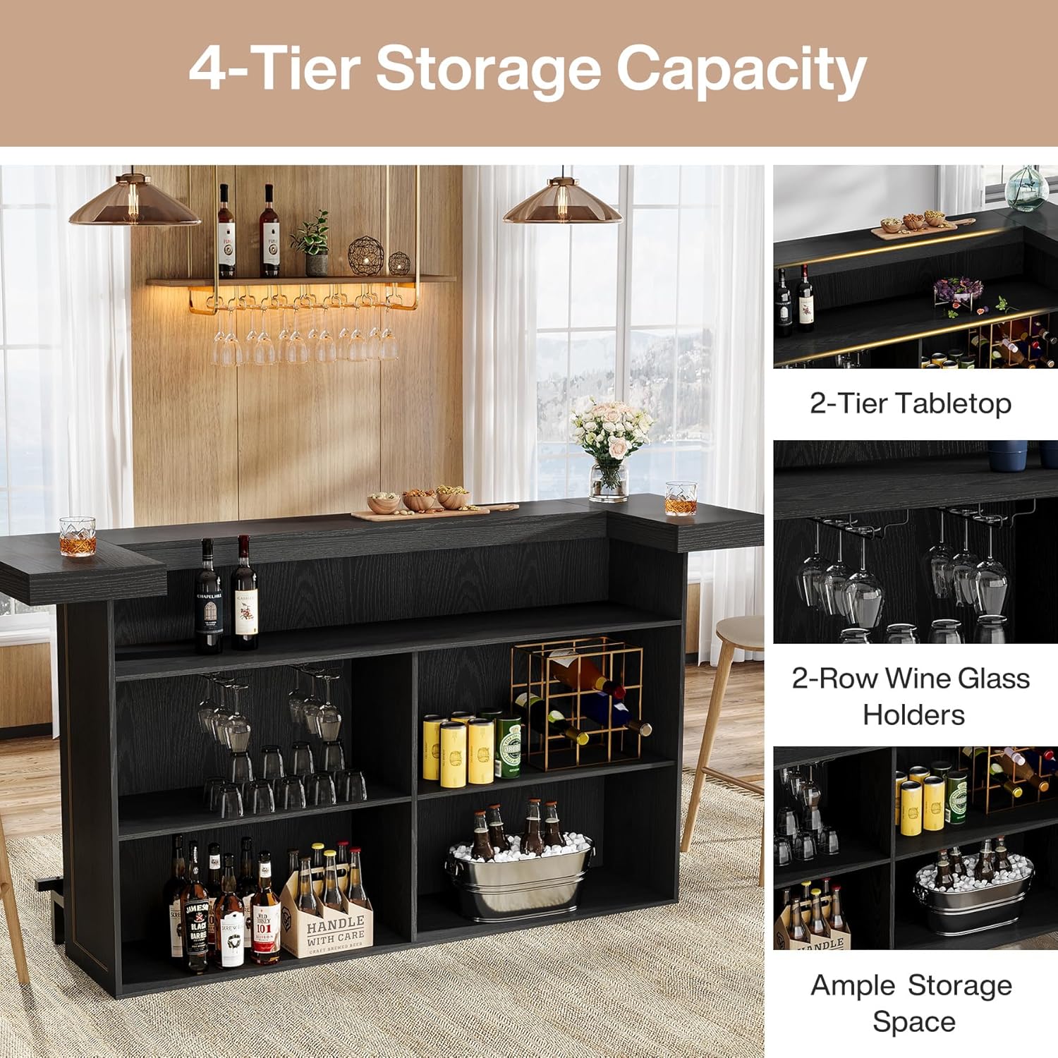 Tribesigns 70.9" Extra Large Bar Table, 4-Tier Storage Home Bar with Wine Glass Rack & Footrest, 2-in-1 Kitchen Island & Pub Table, Wooden Bar Unit for Kitchen, Living Room, Party