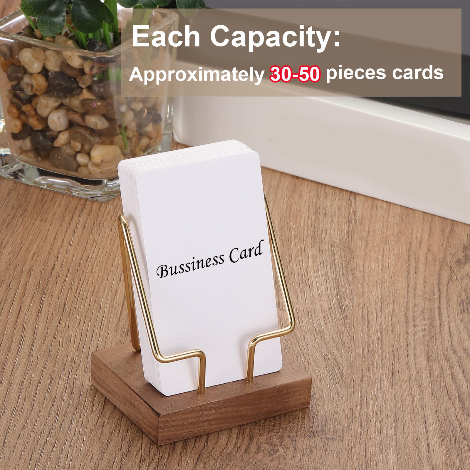 PATIKIL Vertical Business Card Holder for Desk, 2 Pcs Wood Desktop Business Card Holder Wooden Name Card Display Stand Organizer for Office Home Exhibition, Walnut Color, Gold - Image 4