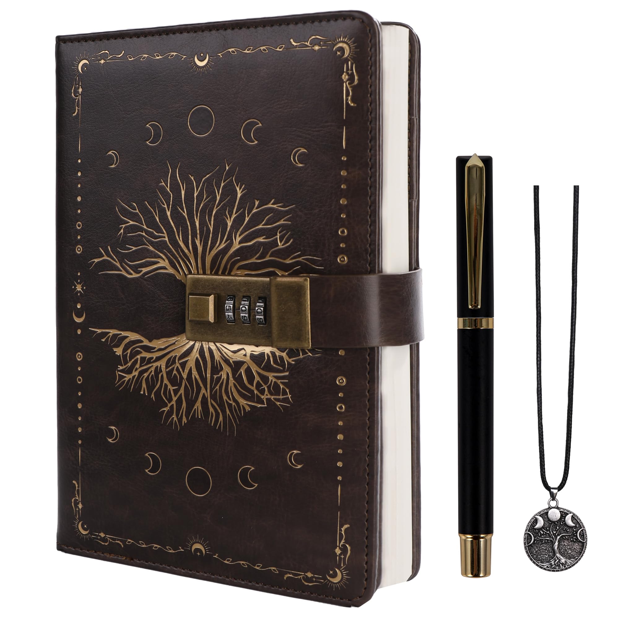 TIEFOSSI Diary with Lock, Tree of Life Vintage Journal with Lock for Women Men, A5 Refillable Notebook with Lock for Writing, 224 Numbered Pages