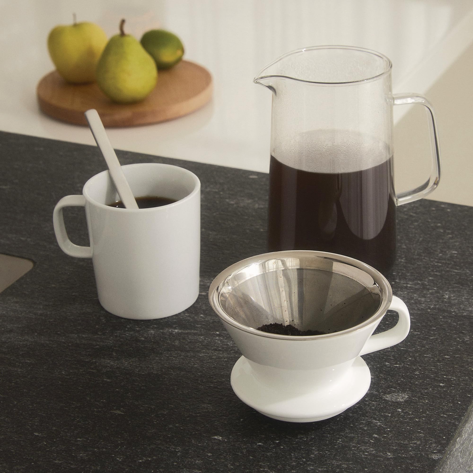 Alessi Slow coffee KT01S1 - Design Slow Coffee-Set Bestehend aus Kanne aus Pyrex-Glas, Filterhalter aus Porzellan und Netz-Filter aus Edelstahl 18/10
