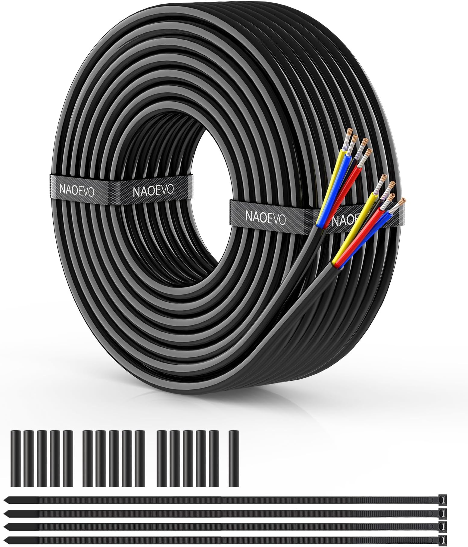 NAOEVO 14 Gauge Wire 4 Conductor Wire, 14 AWG 4 Core Stranded PVC Cable, Tinned Copper/Low Voltage 12V/Flexible Extension Cord for Automotive Trailer Wiring, Lamp Cord, Marine, RGB Cable (30FT)