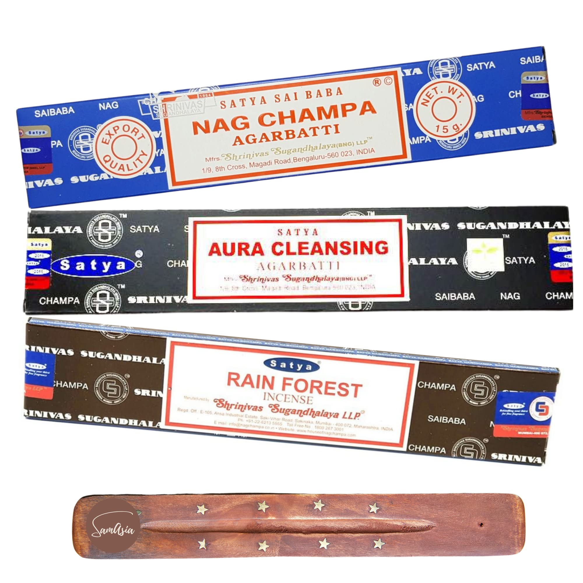 Samasia Satya Nag Champa Agarbatti, Aura Cleansing And Rain Forest Incense Sticks | X3 Pack | With Incense Sticks Holder | Burn For Relaxing