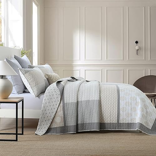 Miniatura 4 de Y-PLWOMEN Colcha tamaño Queen 100 algodón ligera suave colcha acolchada color gris crema blanco juego de ropa de cama reversible de retazos para