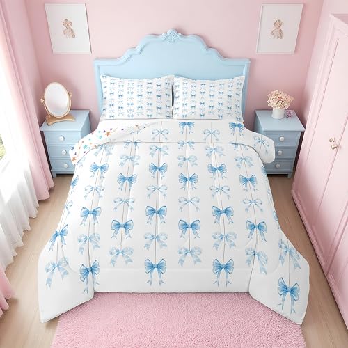 Erosebridal Cute Blue Bow King Bedding Set for Girls | Coquette Bow Knot Comfort