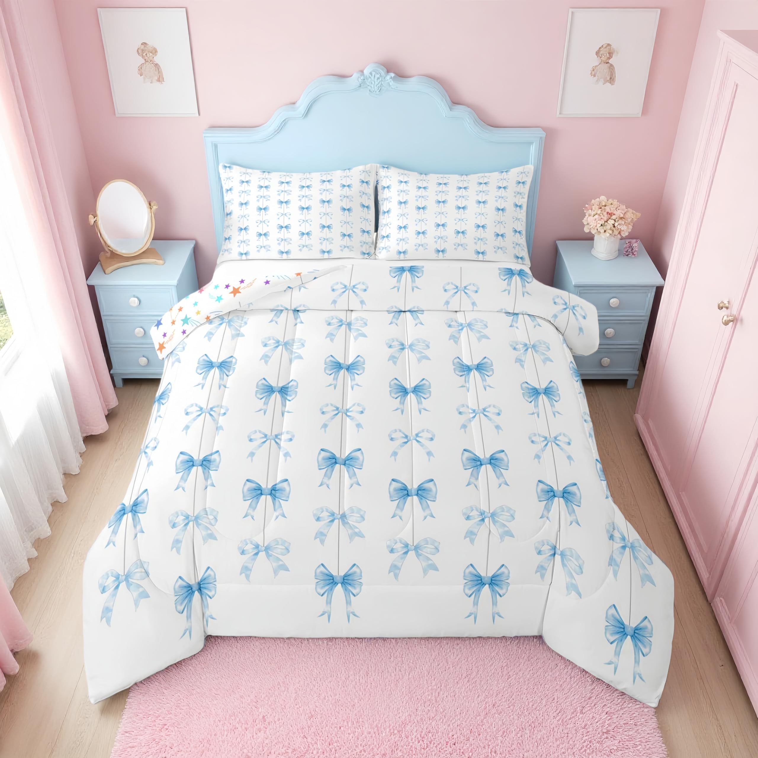 Erosebridal Cute Blue Bow King Bedding Set for Girls | Coquette Bow Knot Comforter Set for Kids Women, Blue Ribbon Bows Quilt, Kawaii Preppy Bowtie Bedroom Decor, 2 Pillowcases