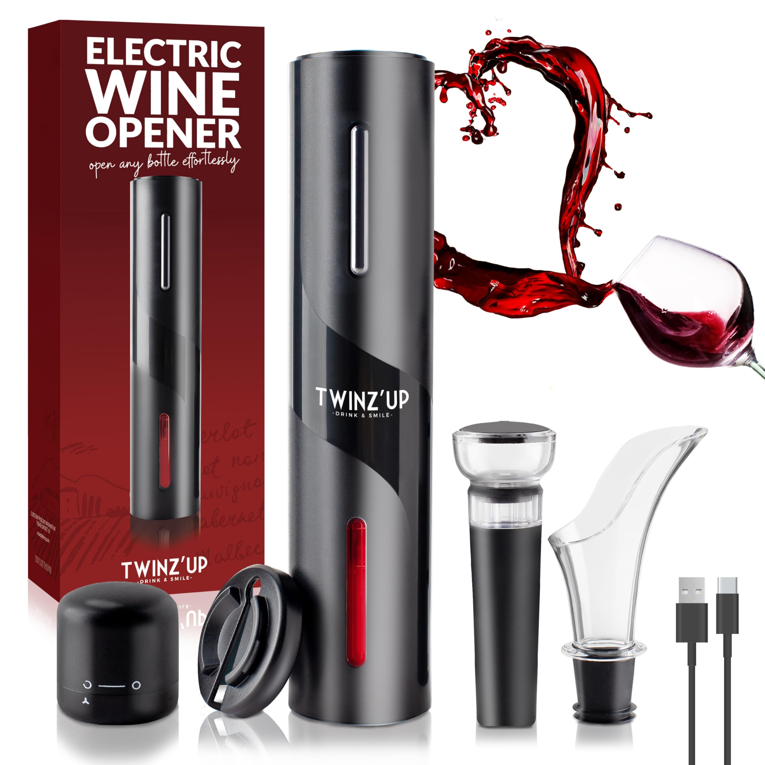 Sacacorchos Eléctrico Recargable 6 en 1 con corta cápsula, Boquilla Aireador, Bomba de Vacío, Tapón y Cable USB del Abridor de Vino Electrico - Regalo hombre para amantes del vino