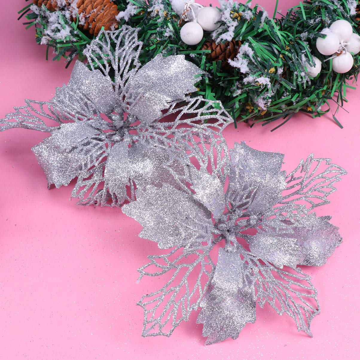 WINOMO 10 Fiori Artificiali Glitter Argento Per Albero Di Natale – Decorazioni Feste – PVC 15 Cm - 2