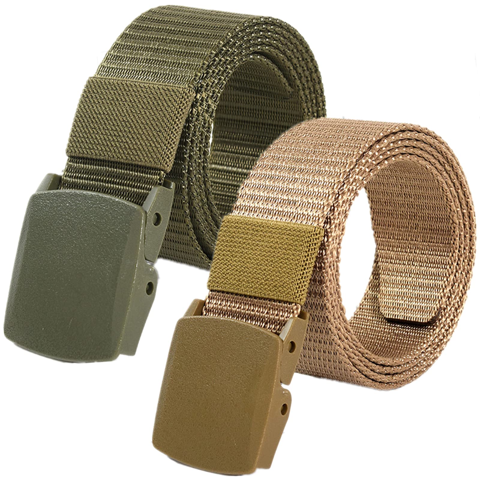 Cinturones de trabajo para hombre, Cinturones for hombres y mujeres, cinturón táctico de nailon ligero, tamaño de hasta 67 pulgadas con hebilla de plástico militar, 2 piezas(Green/Khaki,160CM/63")