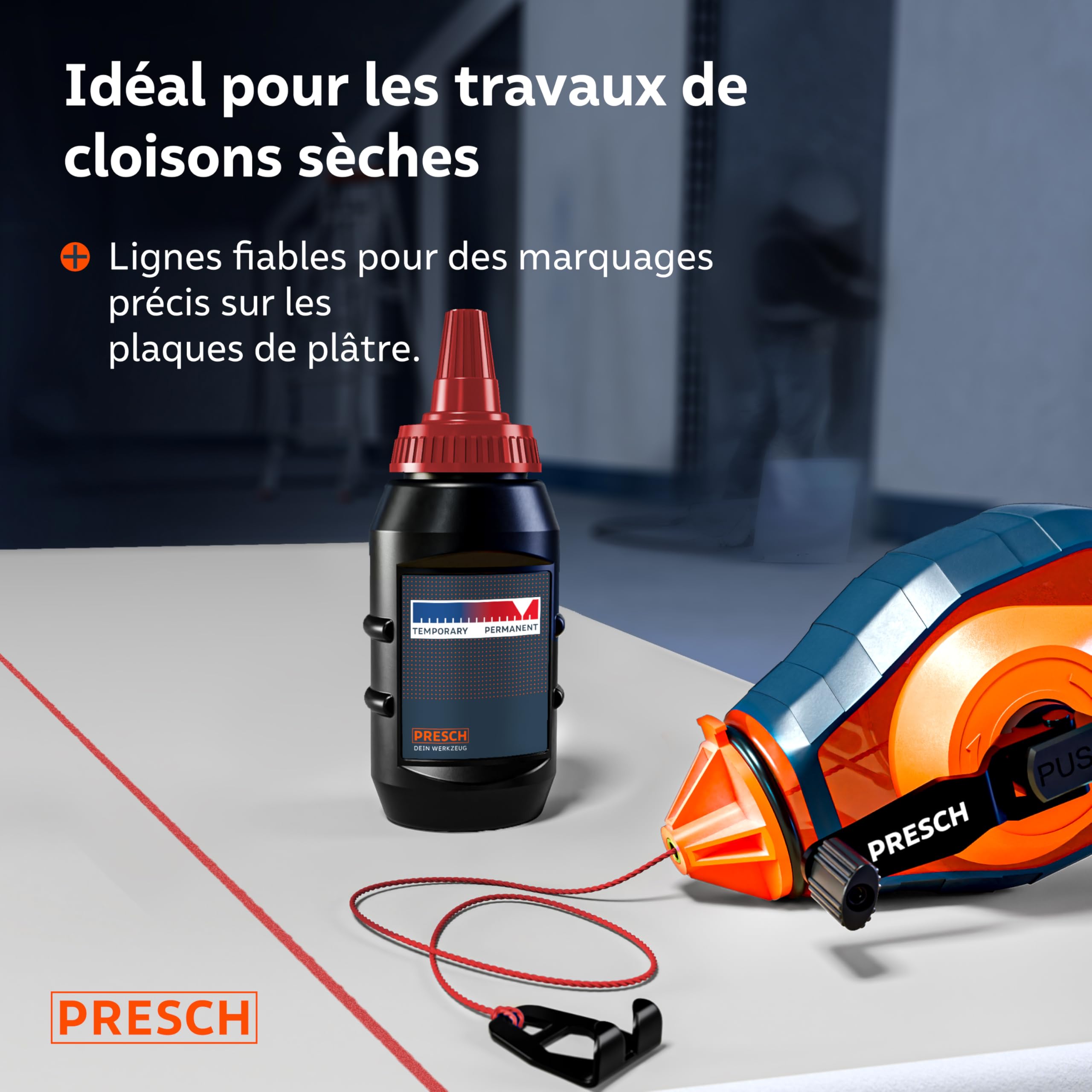 PRESCH Cordeau Traceur de 30m avec craie rouge (150 g) - Dévidage rapide grâce à l'engrenage 6:1 - Hydrofuge et durable - Ligne robuste pour des lignes précises