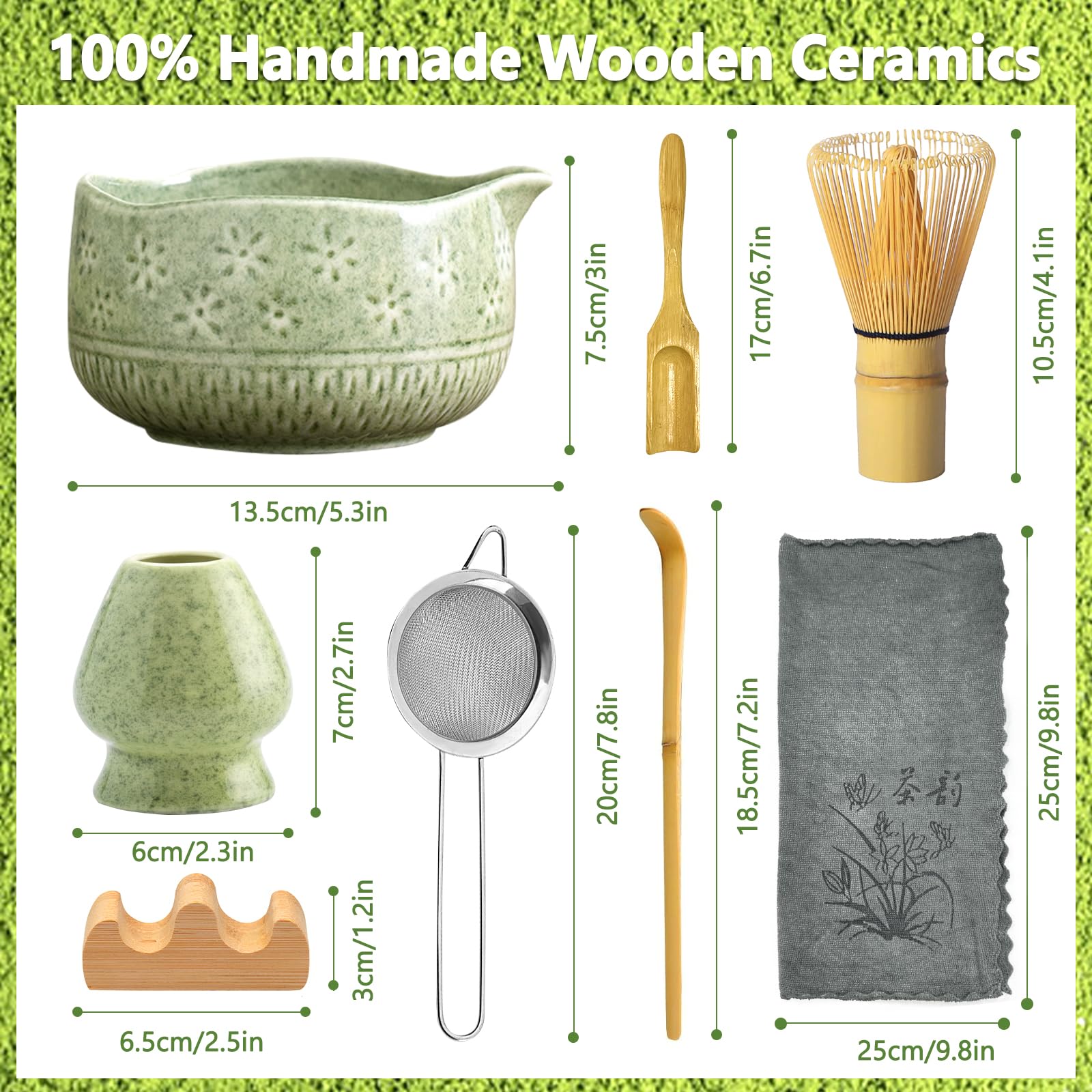 8-Teiliges Matcha Set, Macha Tea Set,Mit Matcha Besen,Macha Schale Mit Ausgießer,Keramik Besen Halter,Edelstahlsieb, Löffel Und Halter,Matchaset Grün Geschenk Für Matcha-Liebhaber