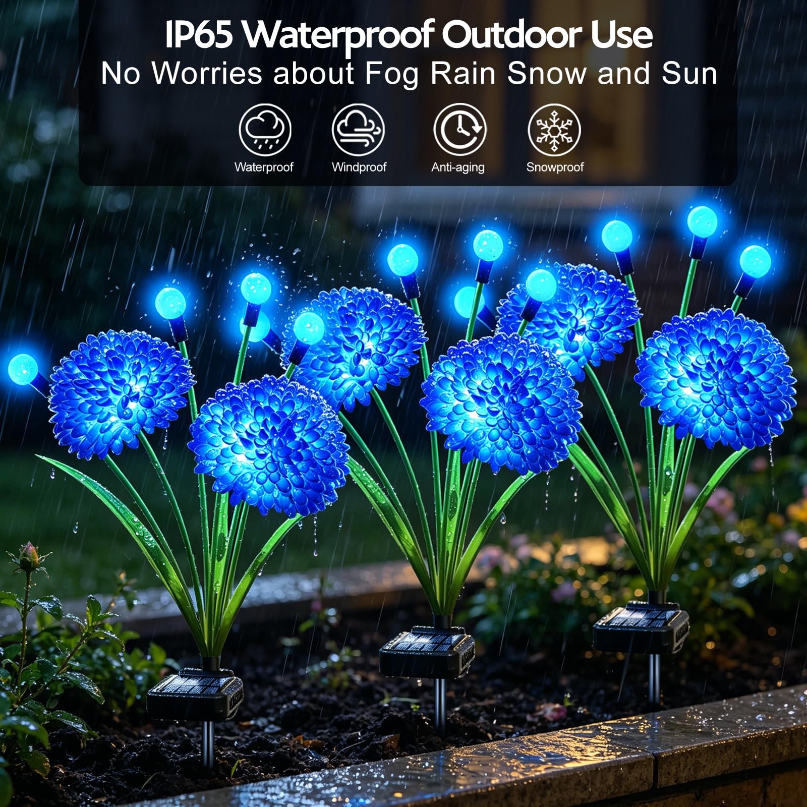 Solar-Gartenleuchten, 4 Stück, blaue Solar-Lichter mit schwingenden Glühwürmchen-Lichtern mit Blumen, wasserdichte blaue Blumen, Licht für den Außenbereich, für Garten, Terrasse, Hof, Weg