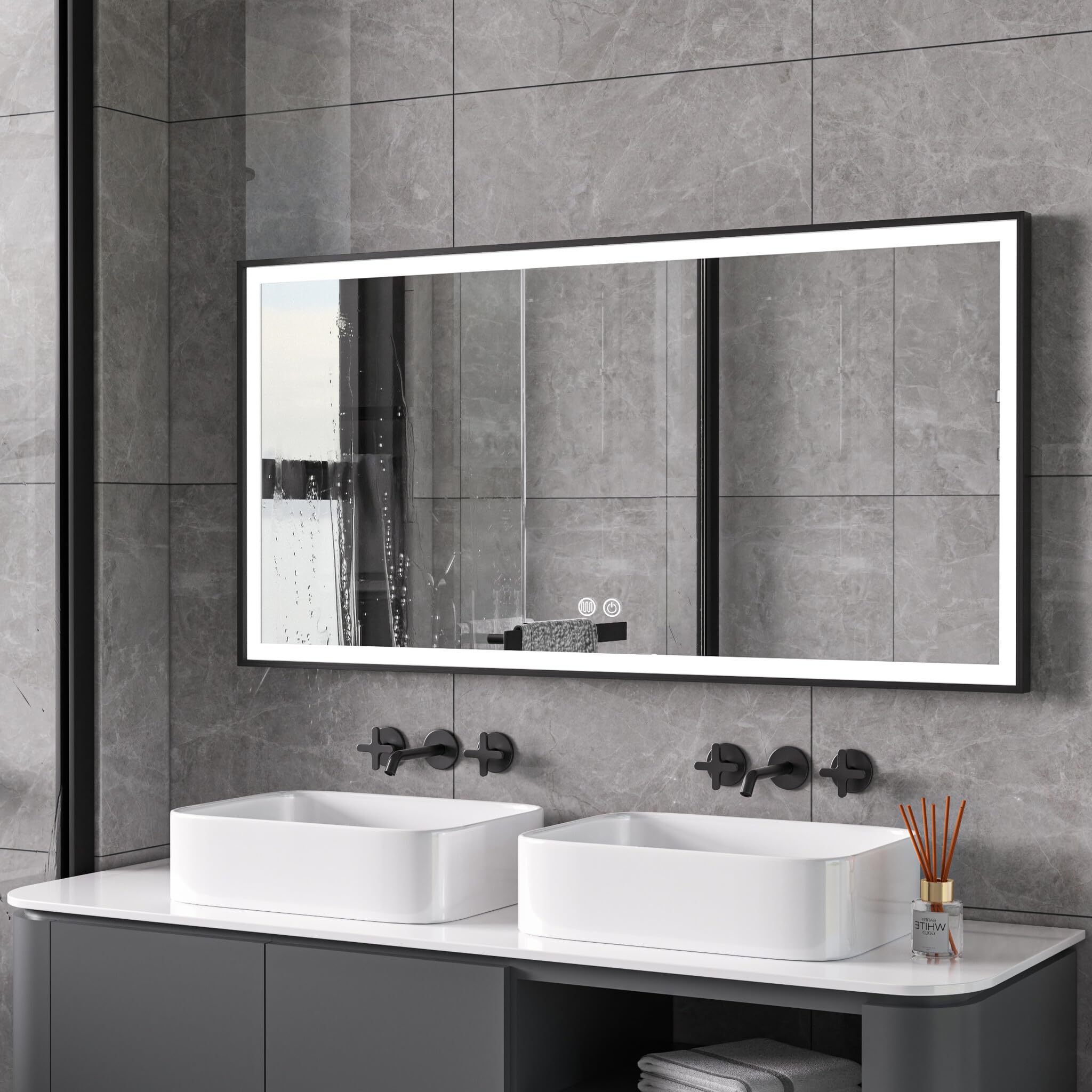 Specchio con cornice nera, LED anti-appannamento, 60 x 120 cm