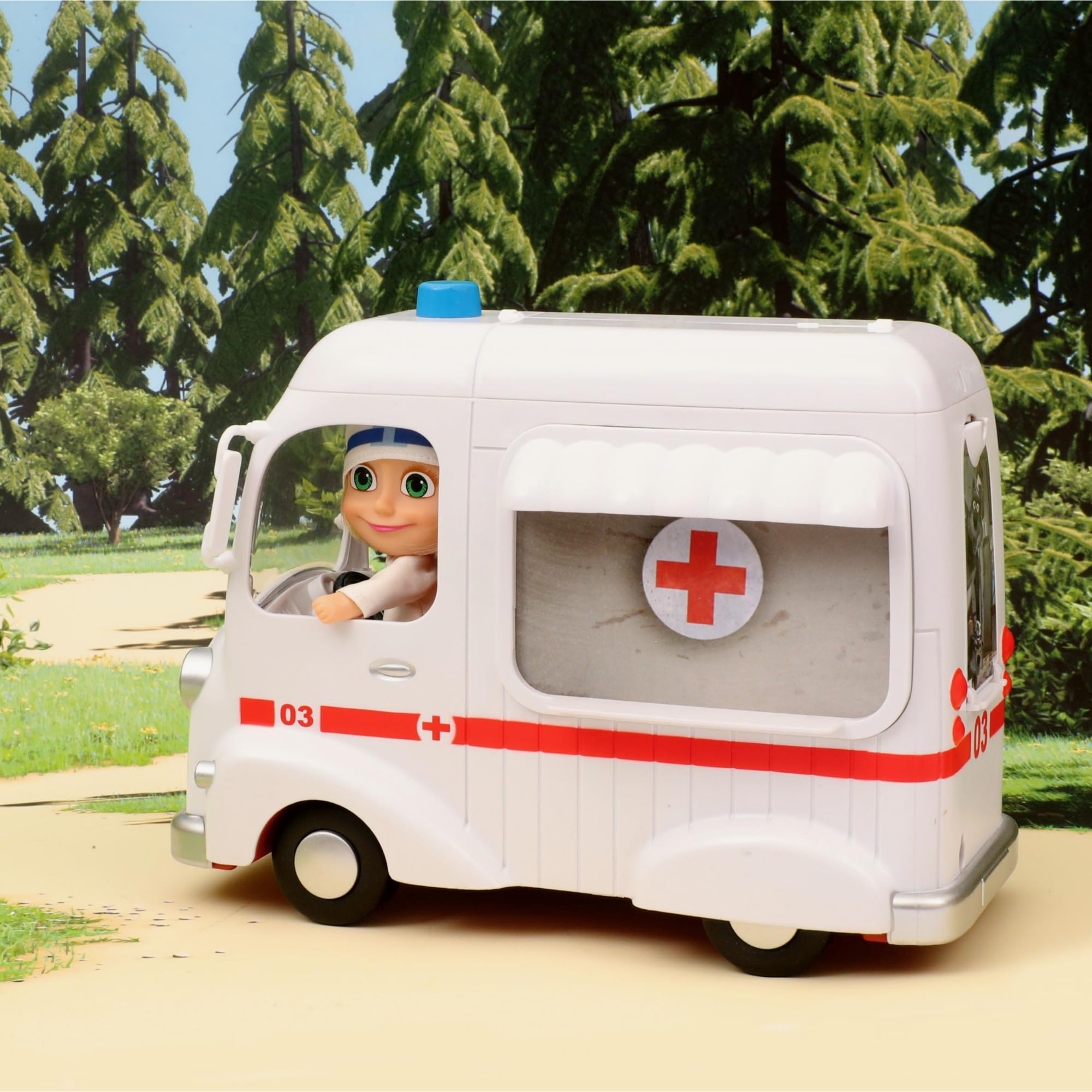 MASHA & THE BEAR - Ambulanza Di Masha E Orso, Veicolo Con Vano Apribile E Bambola Masha Dottoressa Da 12 Cm Inclusa, Ricca Di Accessori, Per Bambini e Bambine dai 3 anni
