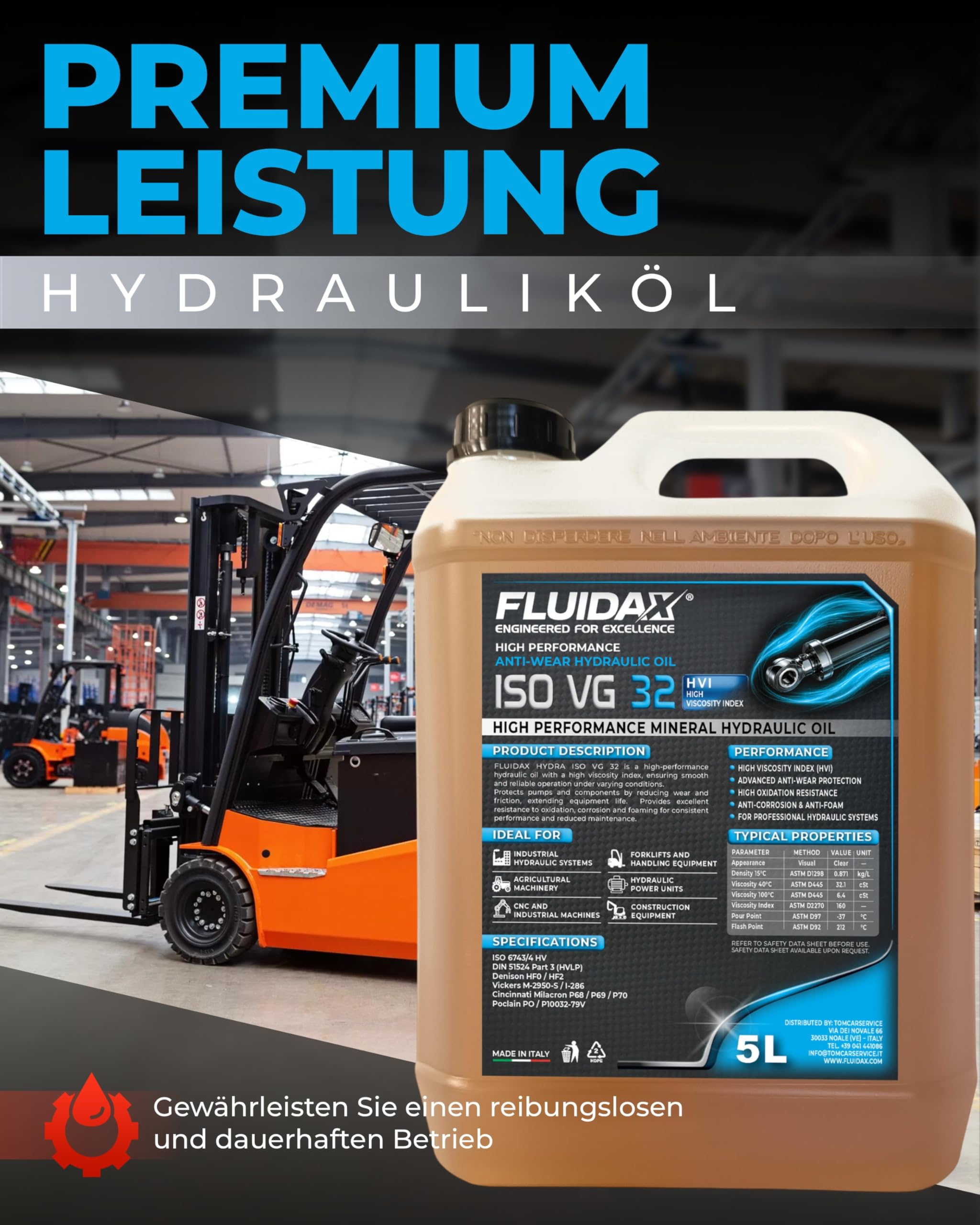 Hydrauliköl ISO VG 32 HVI 5 Liter – Hochleistungs Hydrauliköl, Verschleißschutz, Hohe thermische Stabilität – Für Industrie, Traktor, Bagger und Hydrauliksysteme