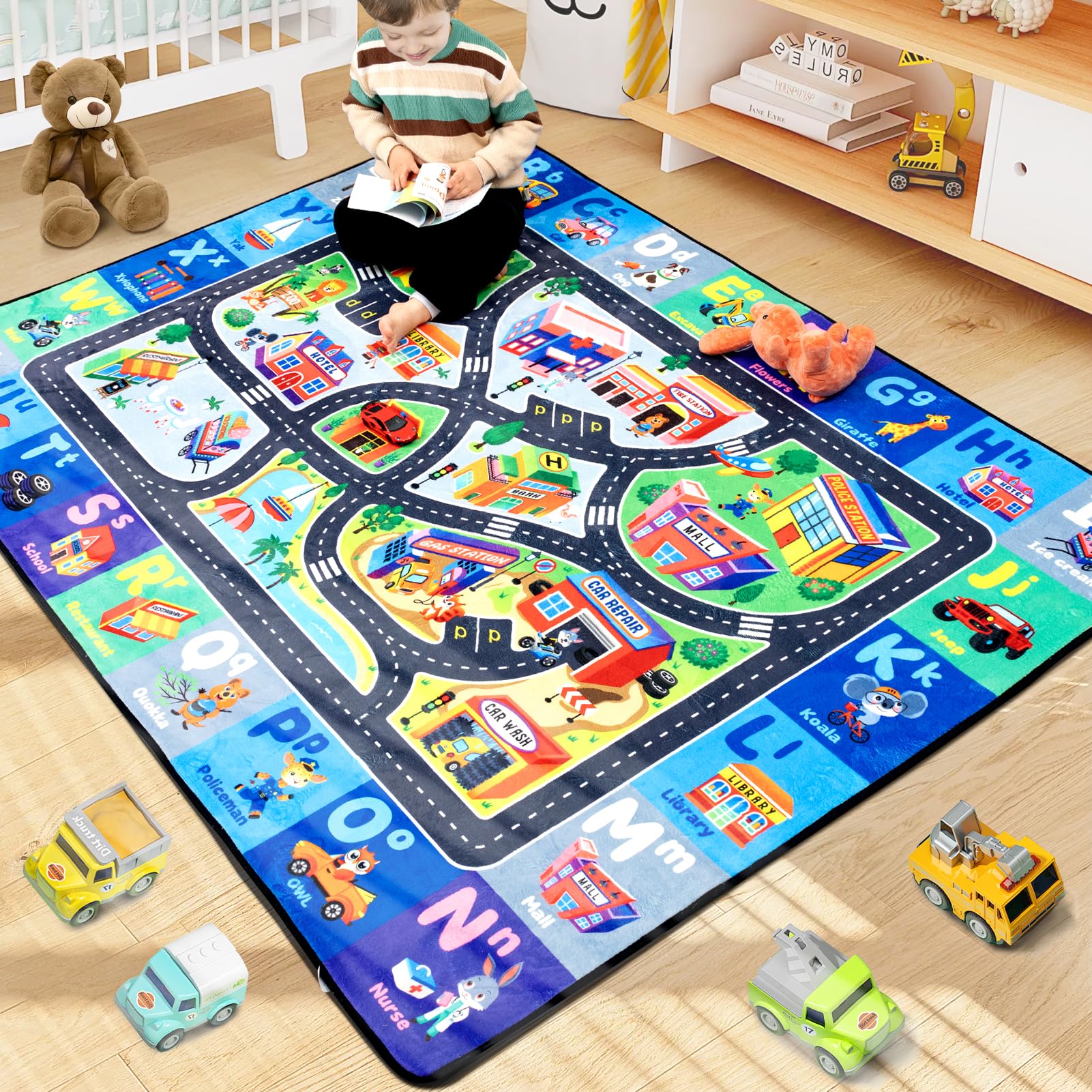 Diysani ABC Rug for Kids Playroom, Alphabet Rug 4x6 Feet, Washable Play Mat Non-Slip ABC Mat Classroom Carpet Car Rugs for Kids Learning Letters Animals Shapes for Play Room Decor