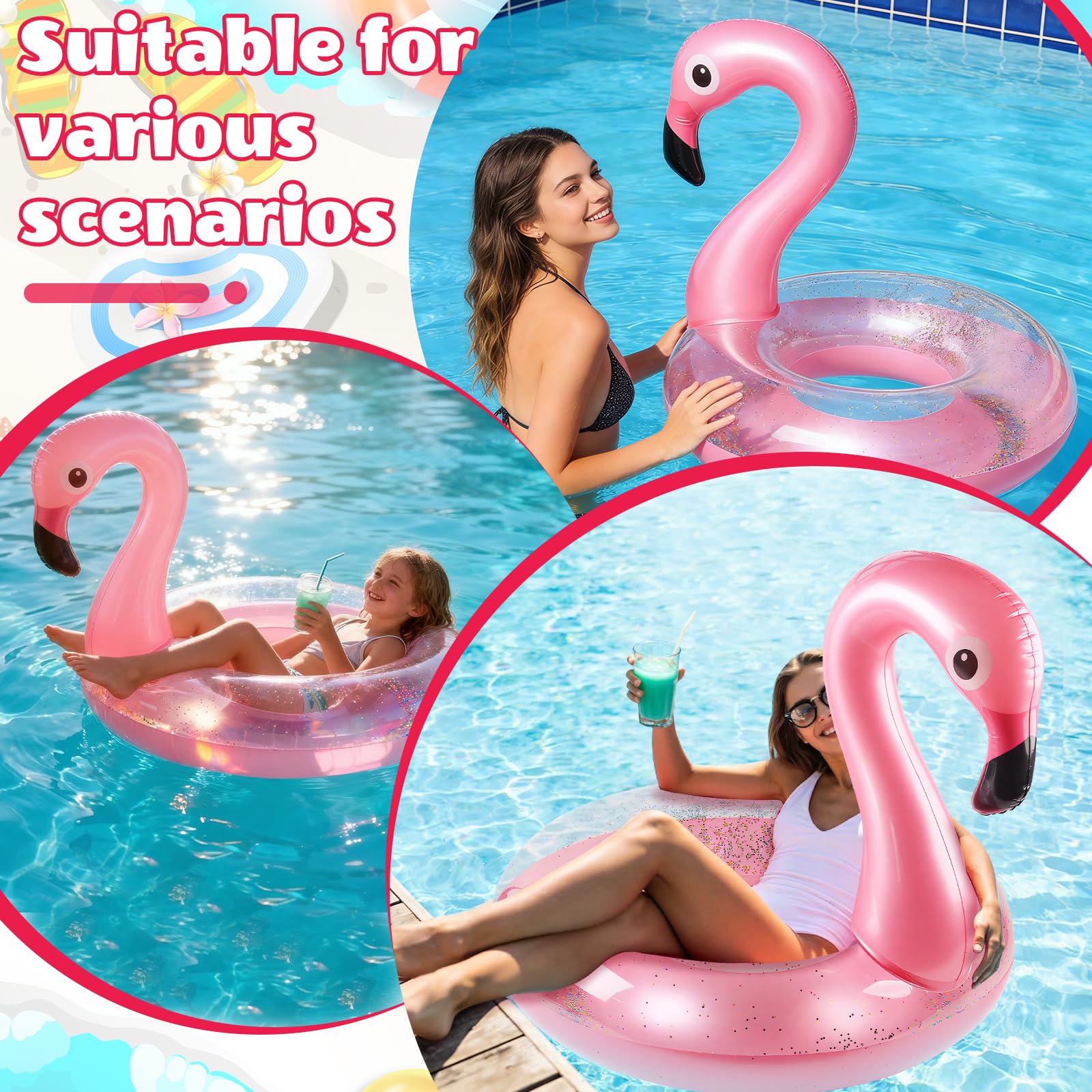 Yisscen Anello da nuoto gonfiabile, con fenicottero, 90 cm, con glitter rosa, per piscina, per feste estive, adulti, bambini