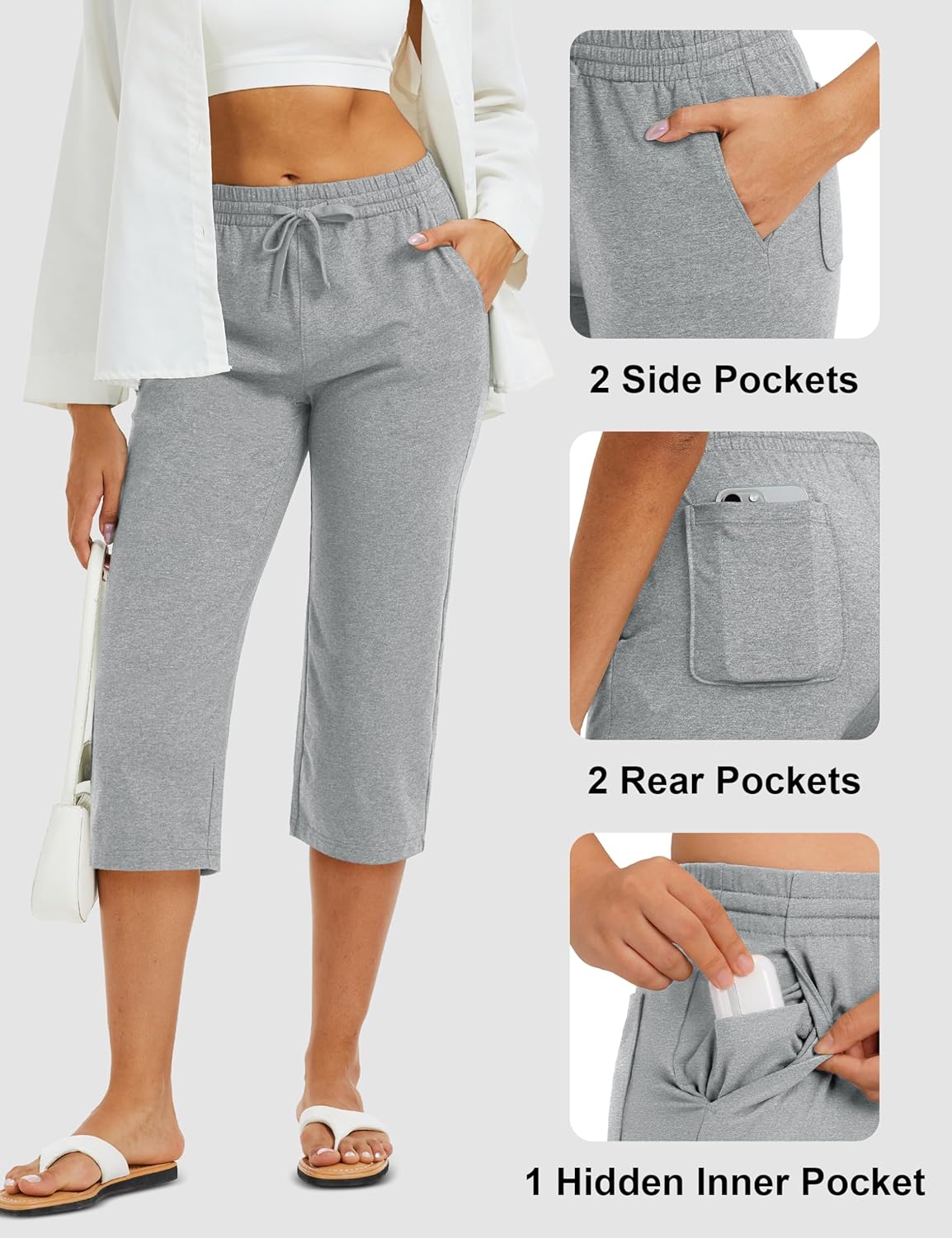 MAGCOMSEN Women's Cotton Capri Pants with 5 Pockets Yoga Wide Leg Capris Loose Casual Lounge Workout Capri Sweatpants