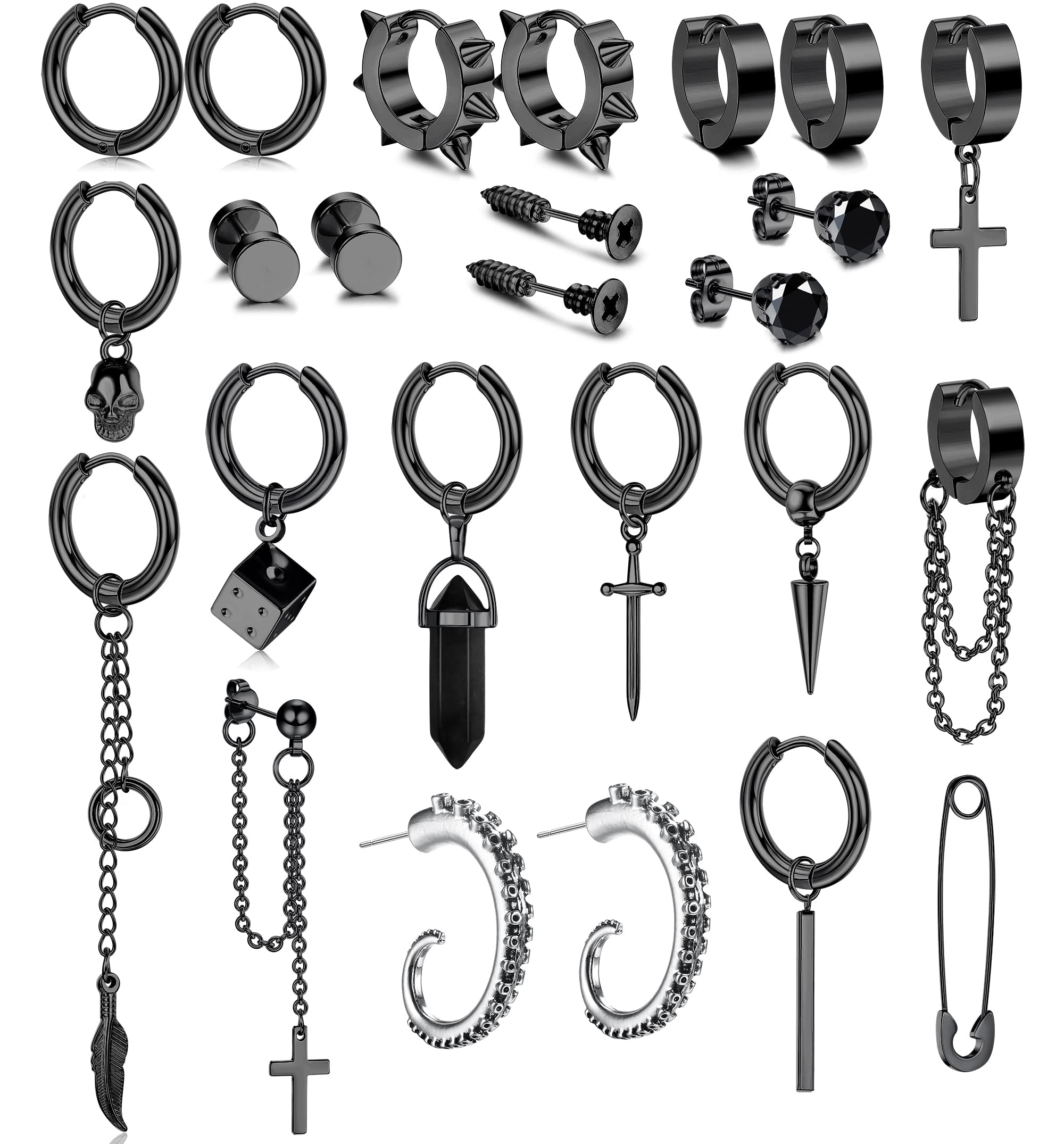 Kakonia 25 Piezas Pendientes Colgantes para Hombres de Acero Inoxidable Pendientes de aro para Hombres Cruz Pendientes Colgantes de Cadena Larga Stud aro Colgante Pendientes Set