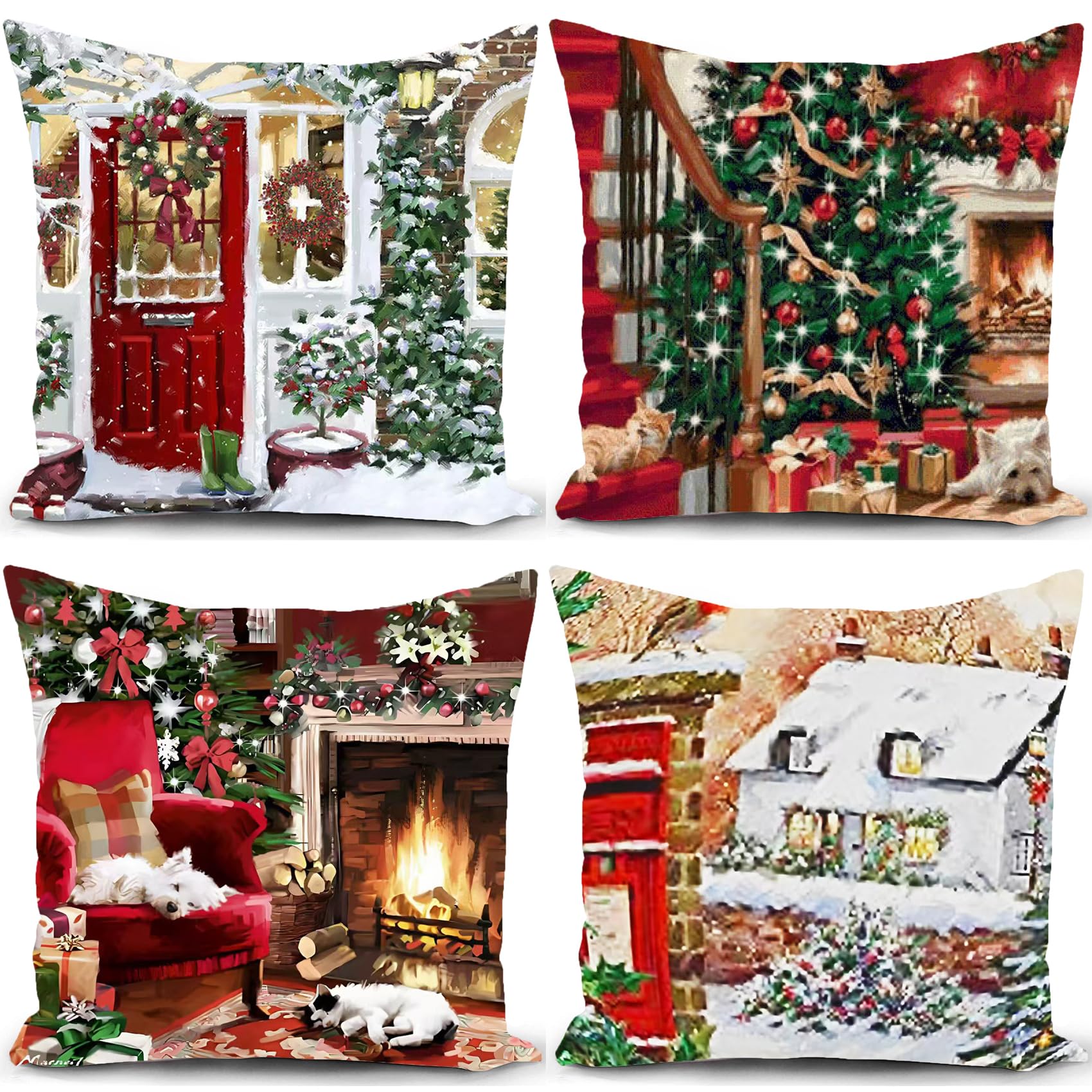 Huashuzi 2D Christmas Cushion Covers Xmas Decorations Throw Pillow Cover Red Dog Set Of 4 Christmas Decor For Sofa Living Room Home 18X18 Inch 45X45cm