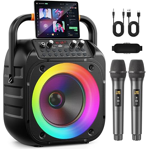 Karaoke Machine for Adults, Portable Bluetooth Karaoke Speaker with 2 Wireless Microphones, Echo Adjustment, LED Lights, PA System with 6.5" Subwoofer, Support TV/AUX/USB/TF Card (Black)