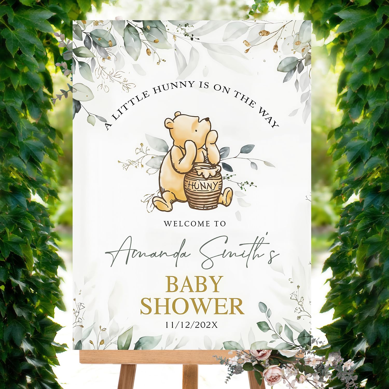 Personalized Bear Pooh Baby Shower Sign, Wildflower Custom Baby Boy and Girl Welcome Yard Sign Party Decorations Plastic with H Stakes, Double Sided, Full Size