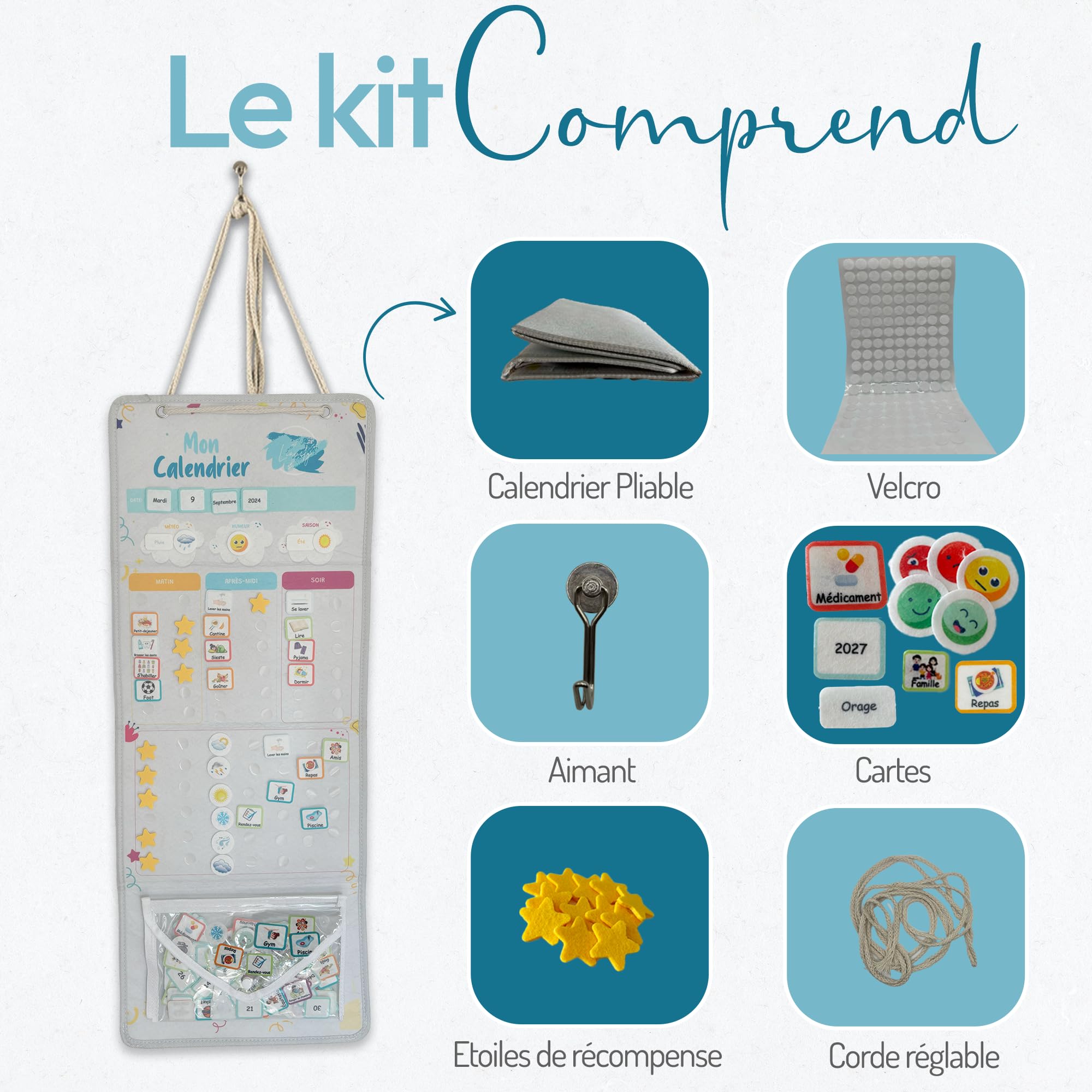 Tableau Routine Enfant Journée MagnéTique Éducatif Montessori 82x32cm 179 Vignettes D'Activités VariéES, Jour De La Semaine Enfant, Mois, MéTéo, Humeur, Pochette Rangement - Gris Clair