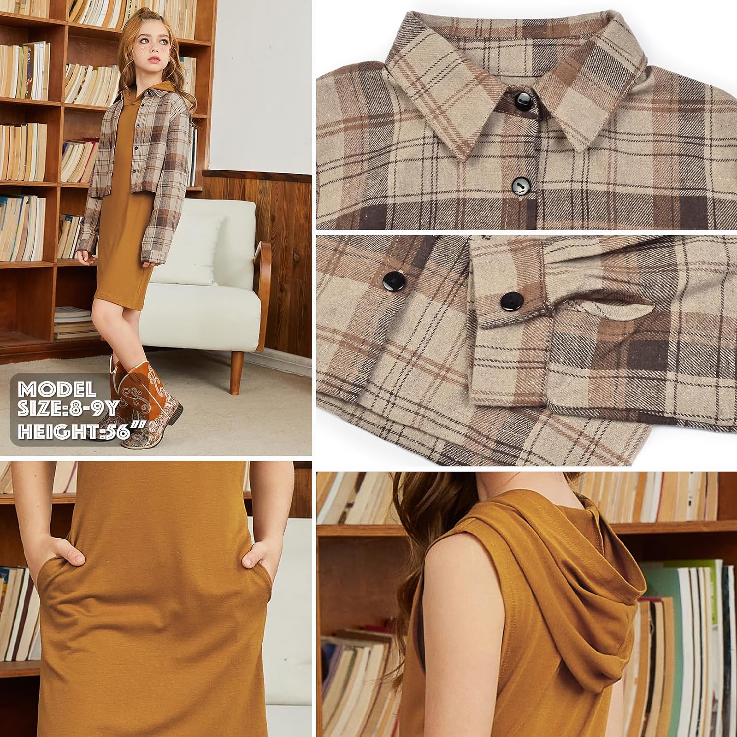 Mirawise Girls 2 Piece Outfits Christmas Outfits Set Caramel Sweatshirt Plaid Hoodie Dress Shirts Size 12 13 Fall Clothes