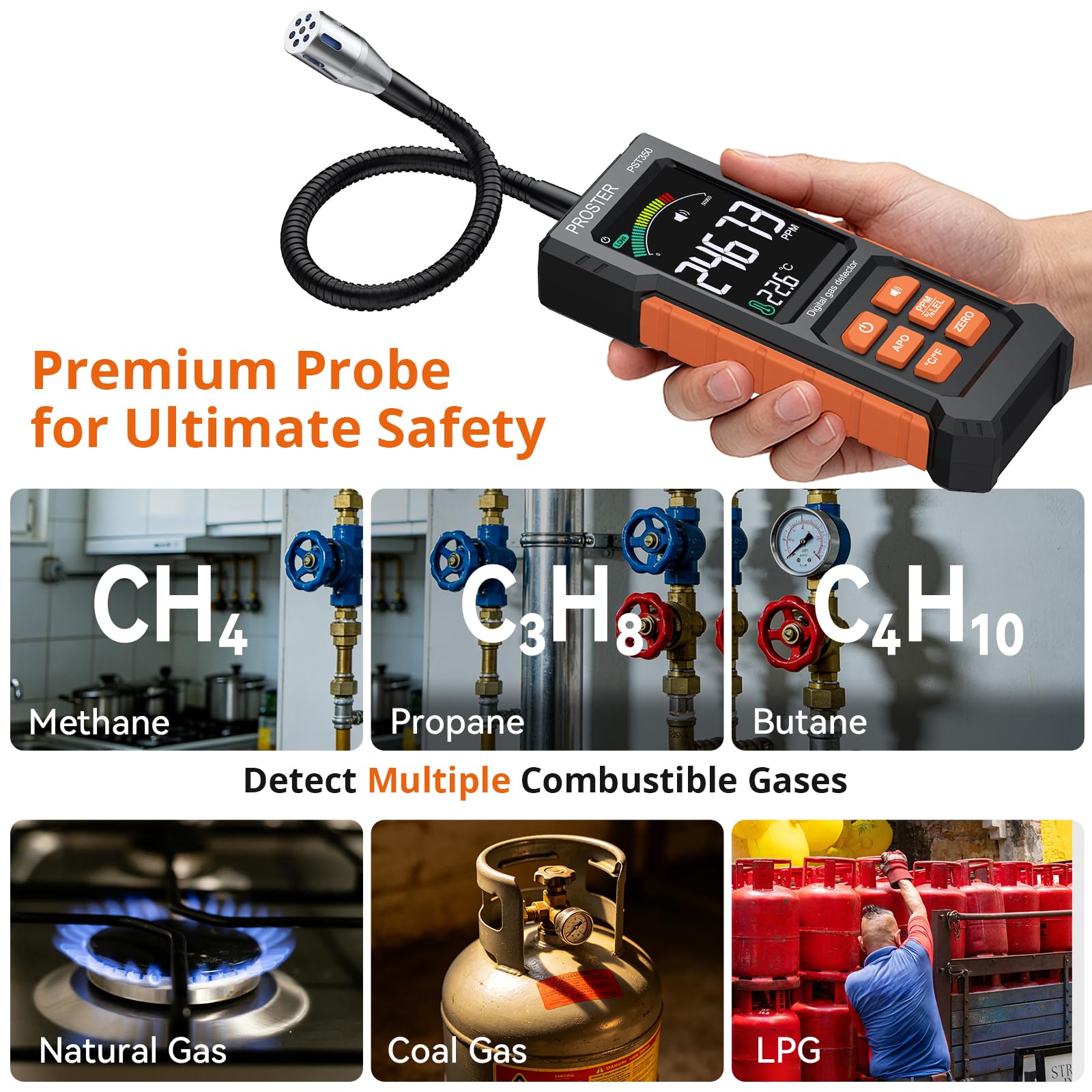 Proster Rilevatore Fughe Gas Portatile 50–50,000 PPM con Sonda a Collo d'Oca da 27 cm e Display a Colori, per Metano GPL Propano Butano Gas Naturale Allarme Sonoro Visivo per Casa Camper Cucina Camino