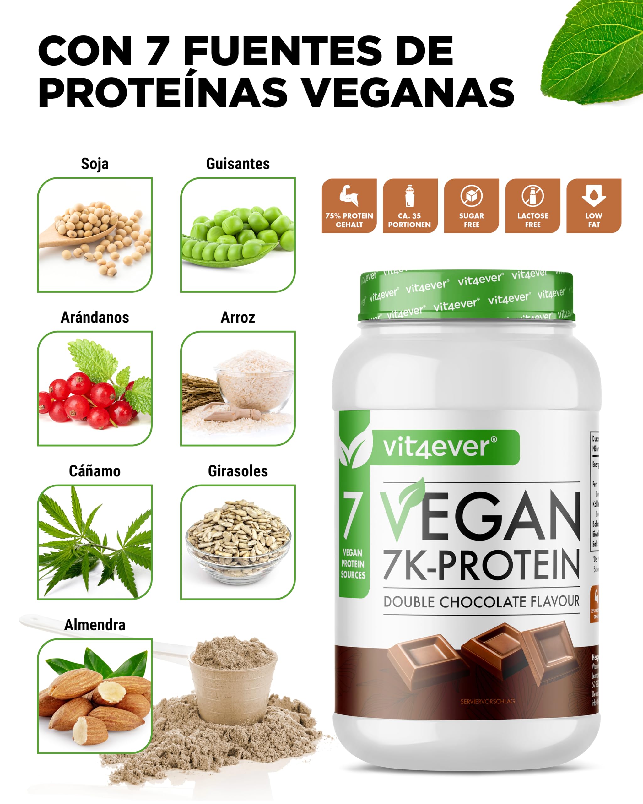 Vegan 7K Protein 1kg Doble Chocolate Proteína vegetal pura en polvo