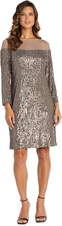 Stylish Sequin Illusion Sheath Dress W/Long Sleeves & Sheer Yoke - Party & Evening Wear