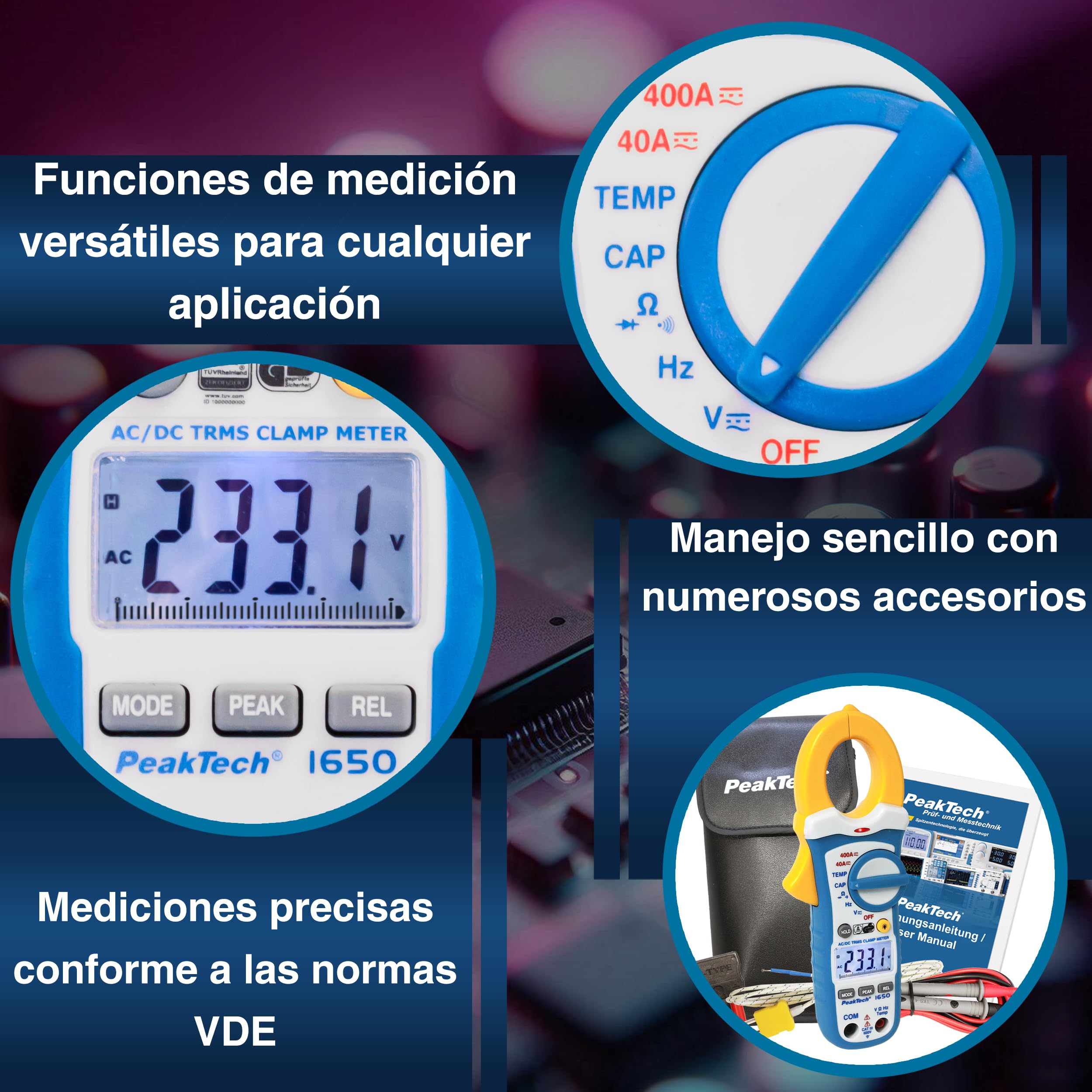 PeakTech 1650 – Pinza amperimétrica RMS 400A AC/DC, multímetro digital, TUV/GS, pinza de corriente 4000 cuentas, voltímetro sin contacto, medición de corriente, probador de continuidad - Máx 600 V