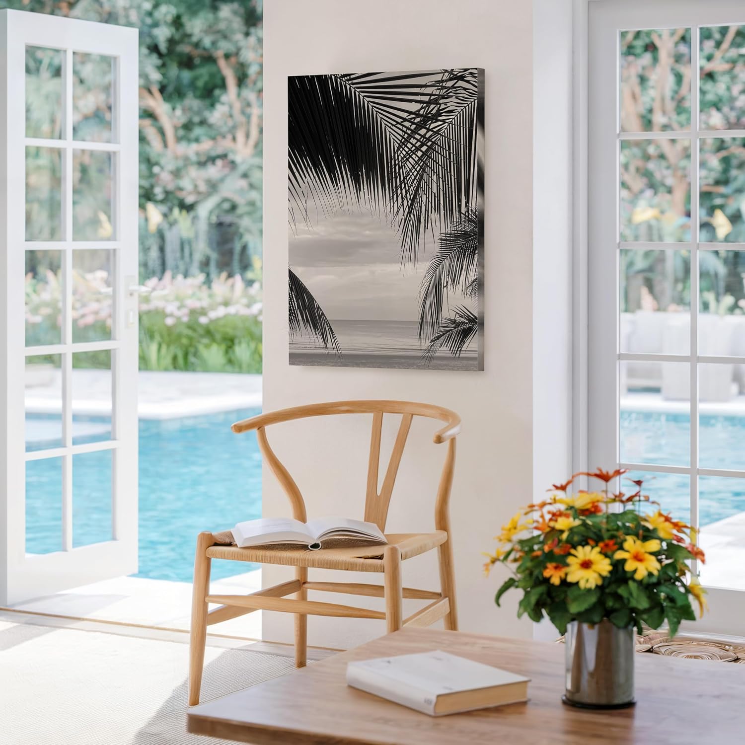 Poster Master View Between Palm Leaves Canvas - Beach Print - Seascape Art - Black & White Photography - Tropical Vacation Art - Ocean or Beach House Wall Decor - 8x10 STRETCHED Canvas