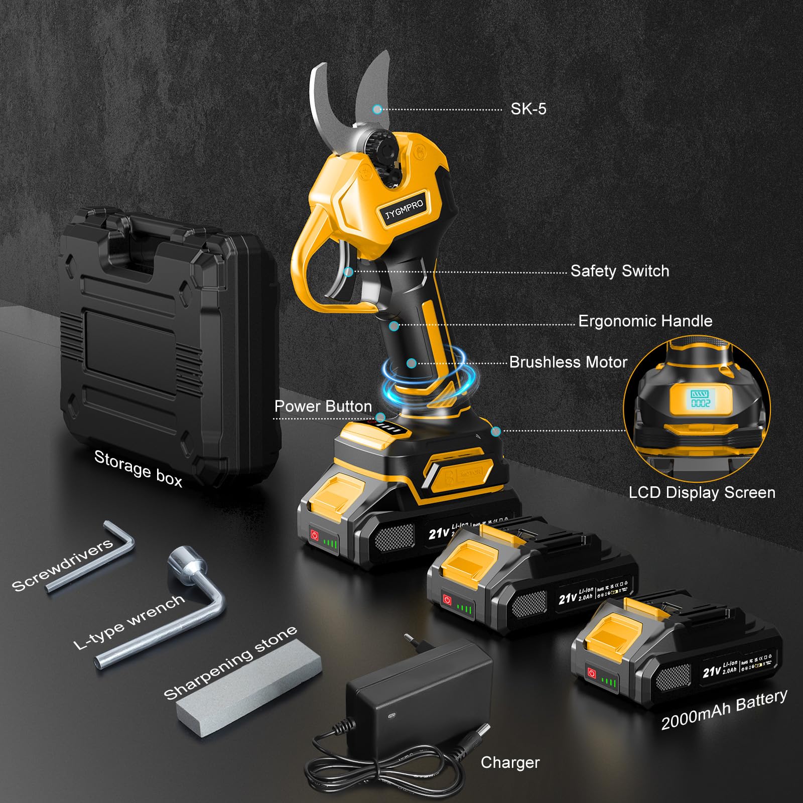Tijeras de Podar Electricas - 21V Podadoras Profesionales con 2x 2000mAh Baterías, Motor Sin Escobillas de 600W, 30mm, Con Pantalla Lcd, Adecuado Para Huertos, Jardines y Granjas