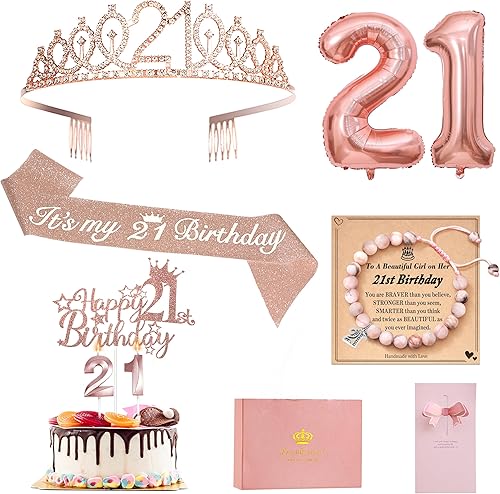 Decoraciones de cumpleaños número 21 para ella, incluye banda de cumpleaños número 21 de oro rosa, corona, pulsera de piedra natural, decoración de