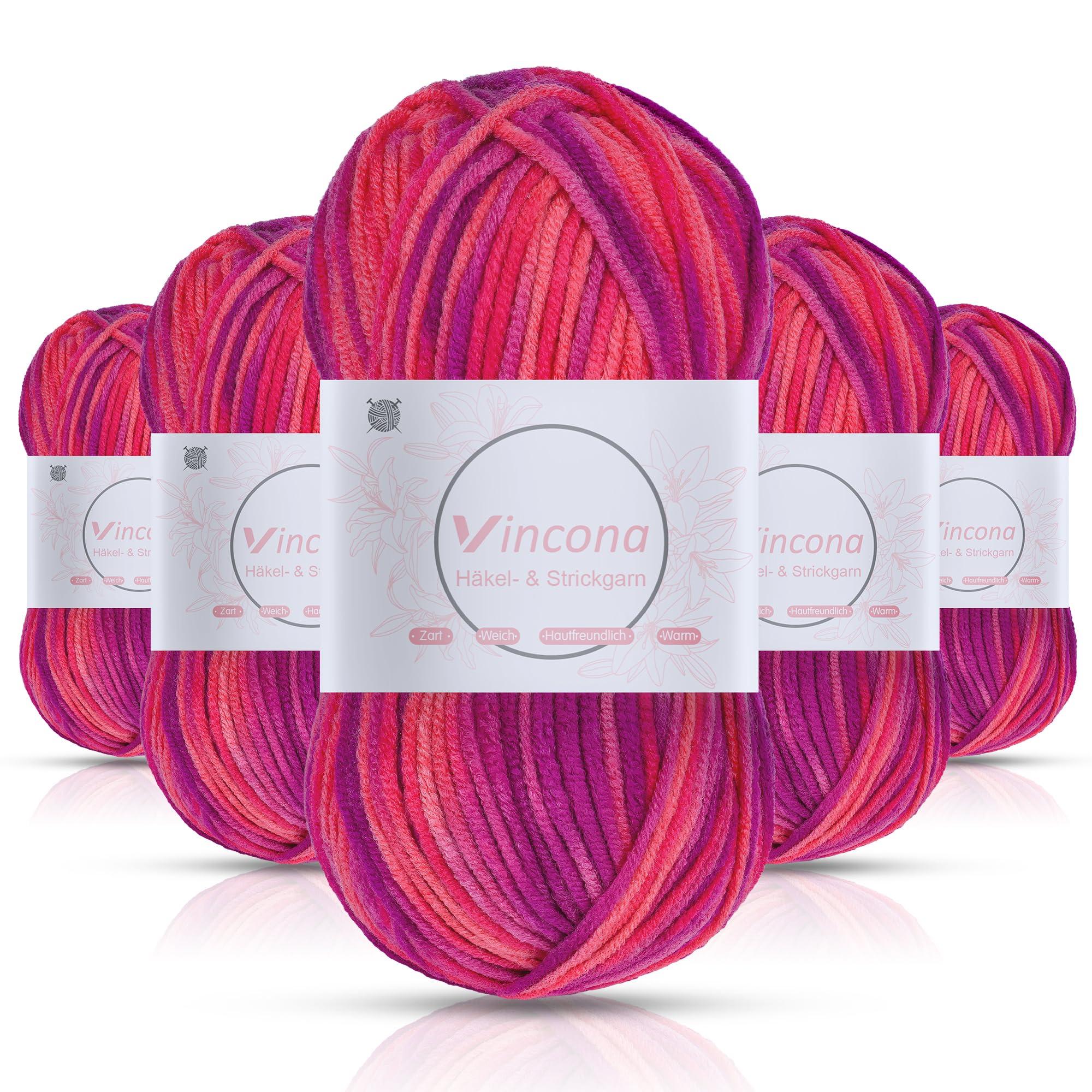 Vincona Häkelgarn，5x50 g Wolle zum Häkeln，Bunt Farbverlauf Acrylgarn zum Häkeln，Wolle zum Häkeln und Stricken, Handstrickgarnsets Geeignet zum Stricken von Puppen, Pullovern, Schals, Mützen