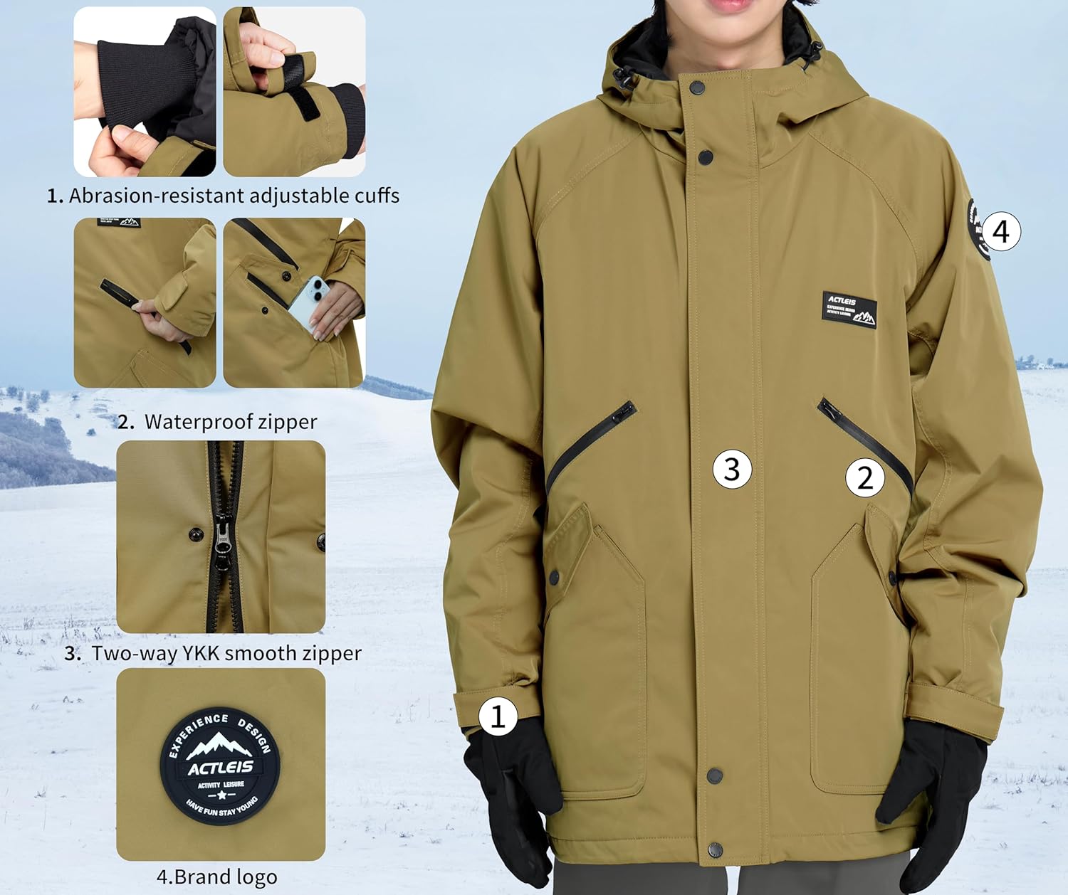 Actleis Men's Waterproof Snowboarding Jacket Winter Warm Windproof Ski Snow Coat With Hood - Image 4