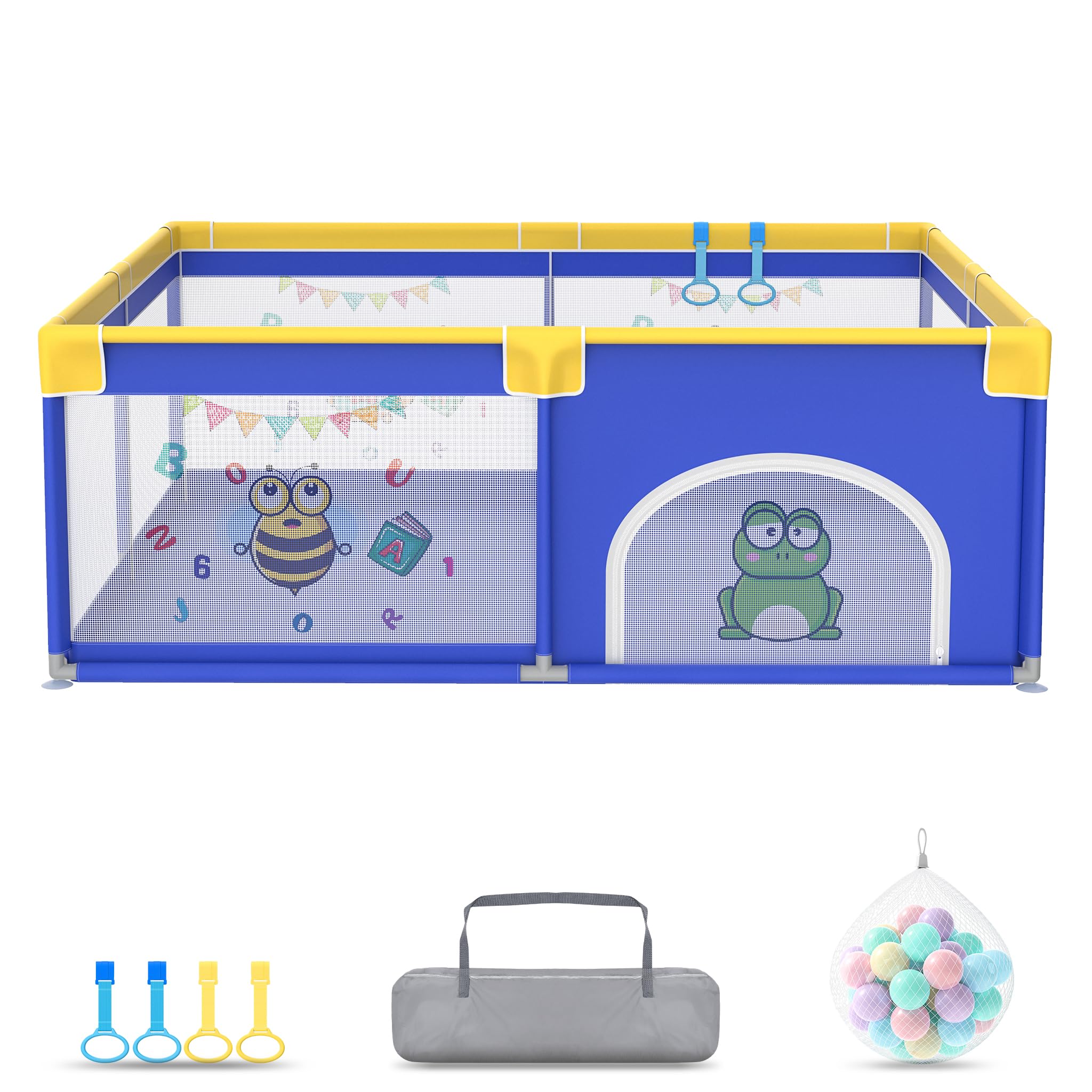 Froadp Kojec dla niemowląt Playpen, kojec dla dzieci z drzwiami, bezpieczny plac zabaw Oxford, kratka ochronna, z torbą do przenoszenia, piłkami i 4 pierścieniami do ciągnięcia (150 x 180 x 68 cm,