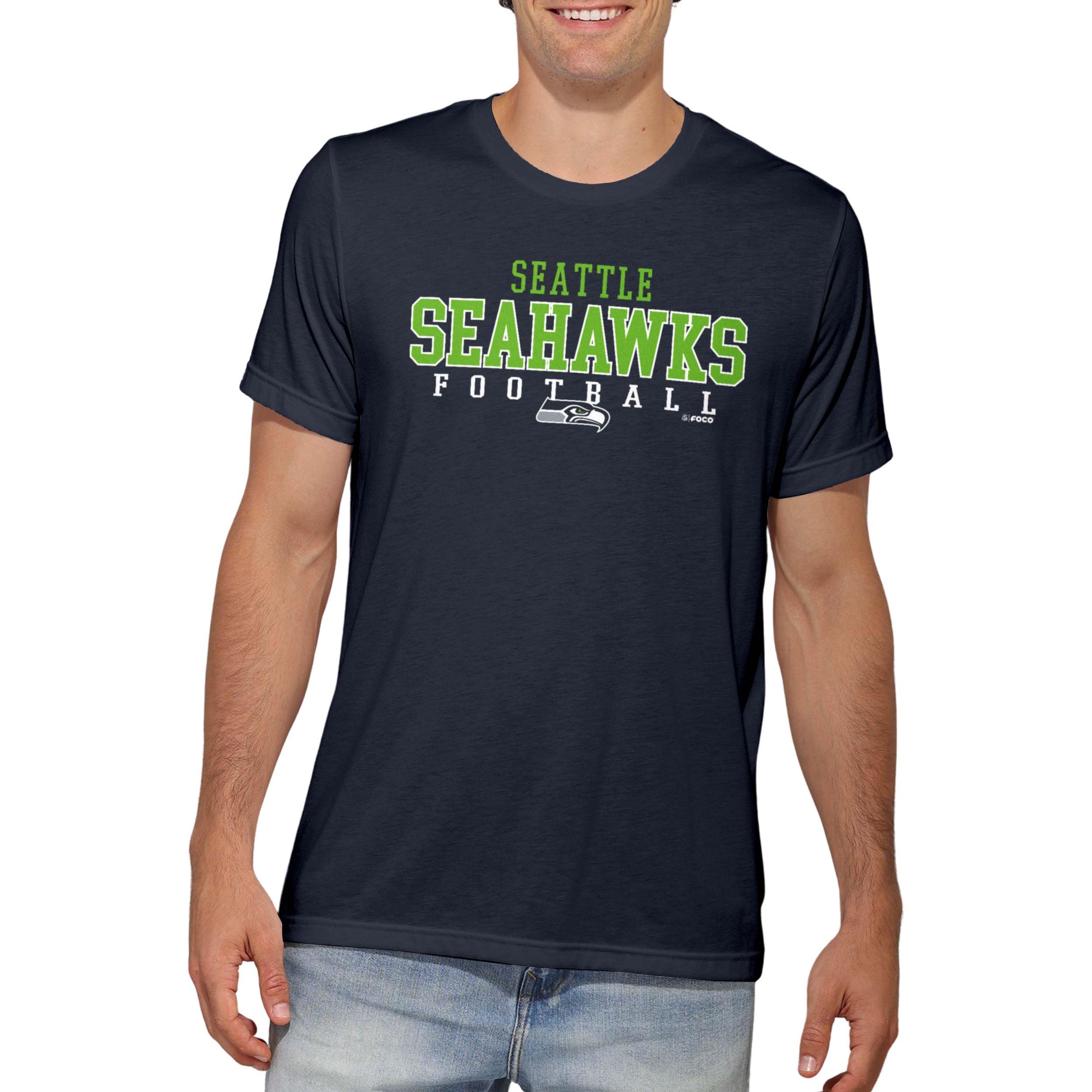 FOCO NFL Officially Licensed Unisex-Adult Football Wordmark Team Color Primary Logo Premium Quality Short Sleeve T-Shirt, Seattle Seahawks, Medium