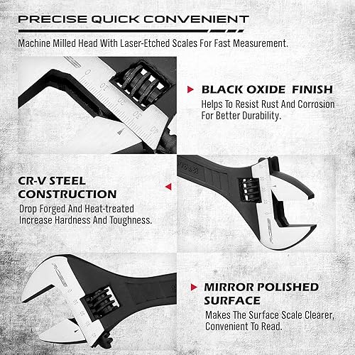 Miniatura 3 de Juego de llaves inglesas ajustables 4 piezas de 6, 8, 10, 12 pulgadas, acero al cromo vanadio resistente a la corrosión, acabado de óxido negro para