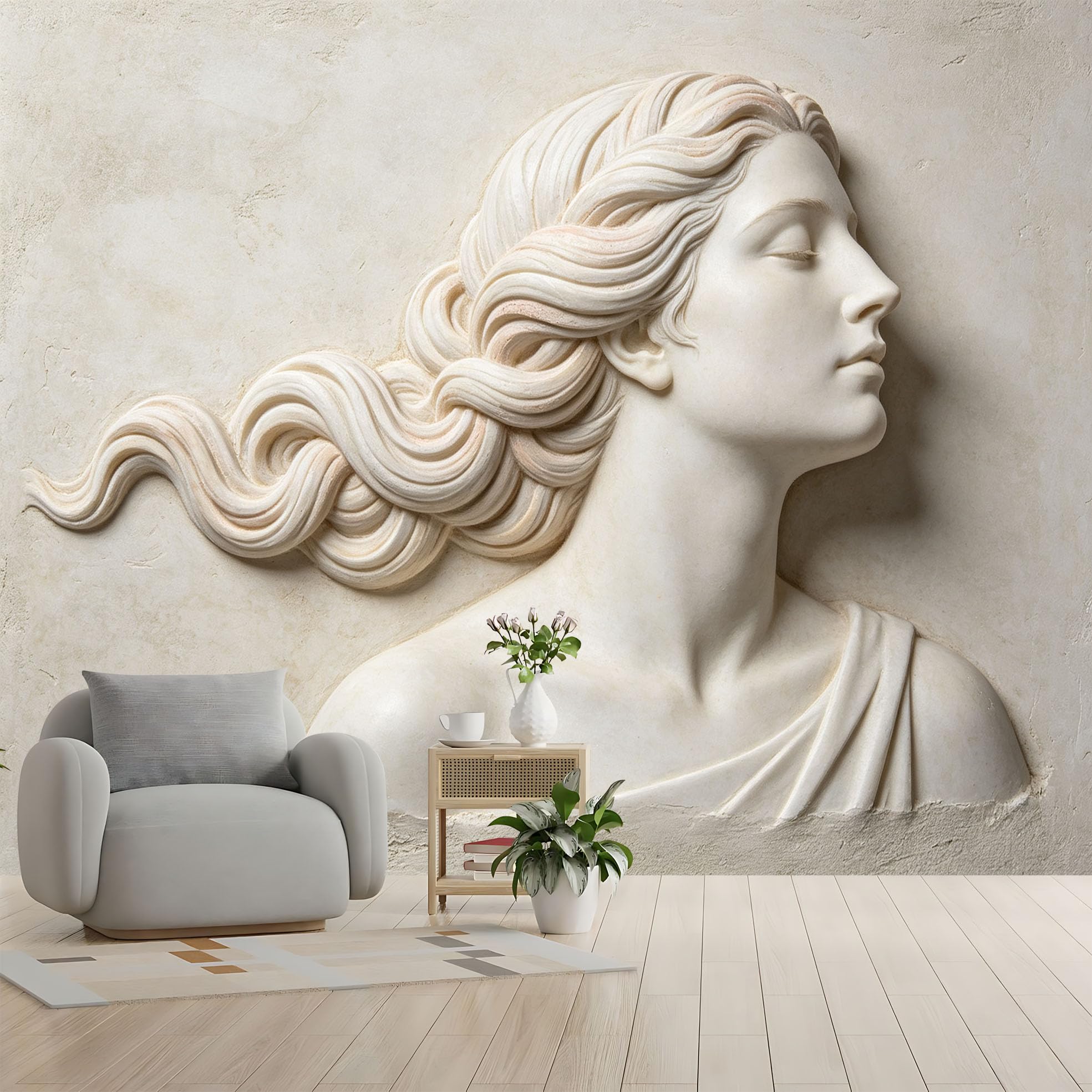 Klasyczna rzeźba damska fototapeta 3D antyczna statua włóknina tapeta neoklasycystyczna sztuka europejska tapeta ścienna 400 x 280 cm kremowy beżowy dekoracyjna ściana do salonu sypialni przedpokój S