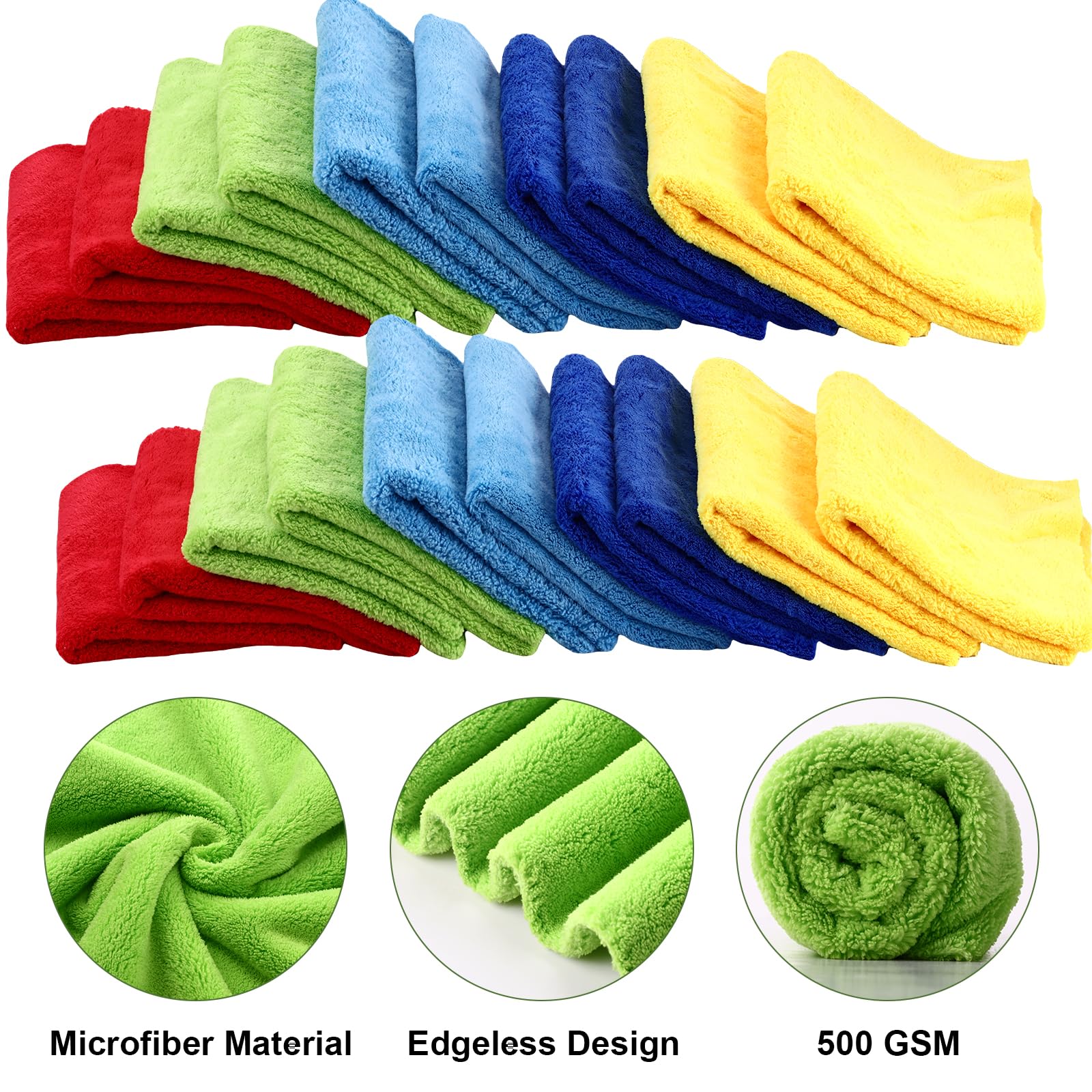 Shimeyao 30 toallas de felpa de microfibra sin bordes para automóviles, secado y lavado, paños de limpieza absorbentes, 500 g/m², 16 x 16 pulgadas (multicolor)