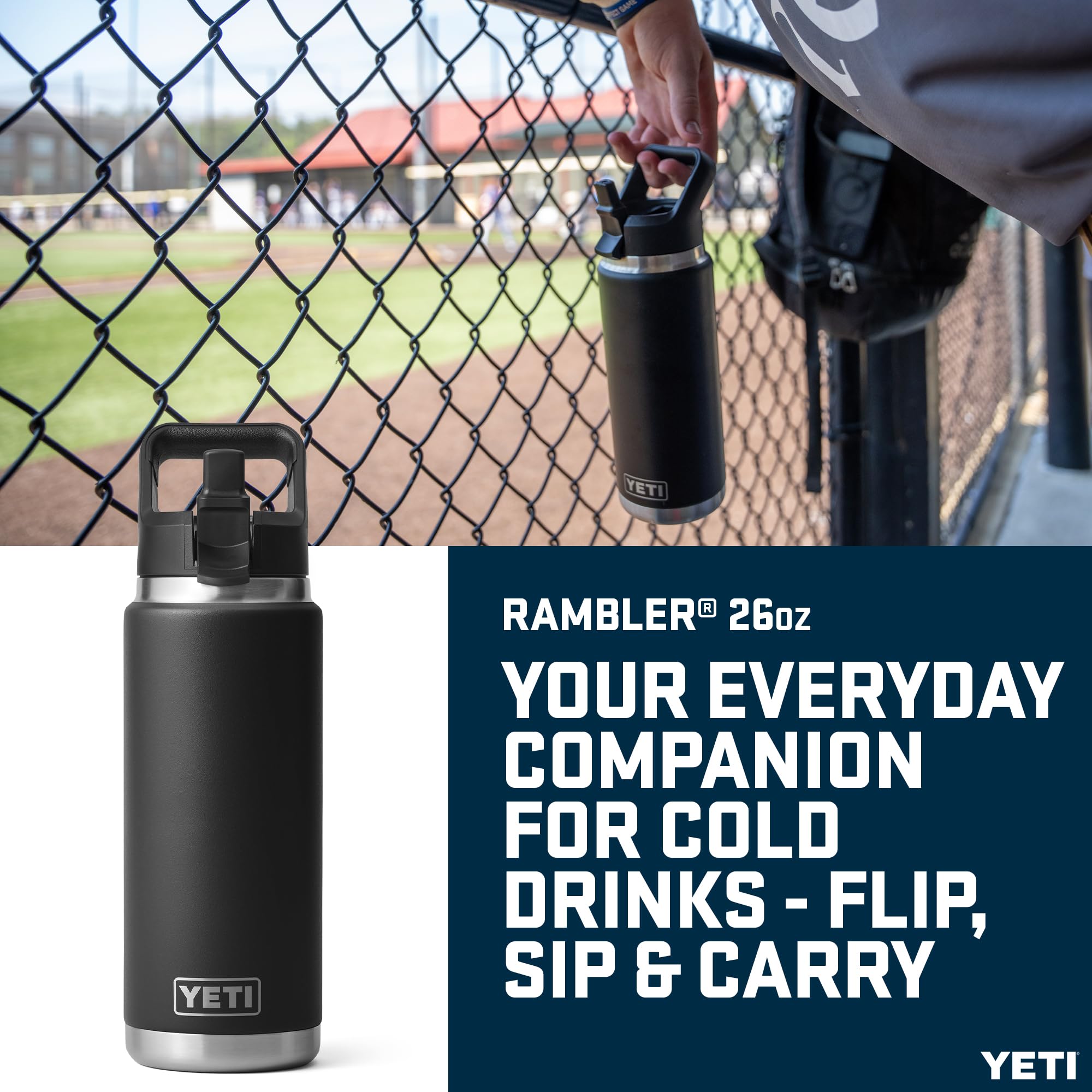YETI Rambler Straw Bottle, Stainless Steel Vacuum Insulated Bottle with Leakproof Straw Cap, Black, 26 oz (769 ml)