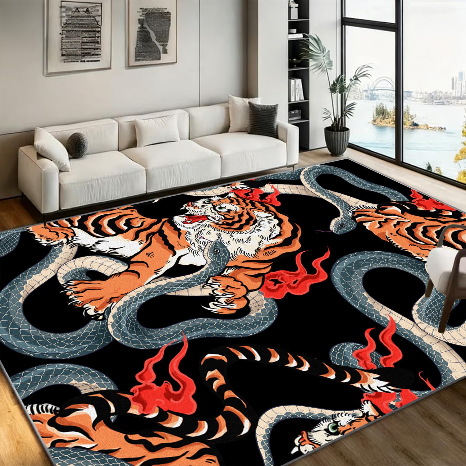Bycmuoz Tigers and Snakes Bedroom Area Rug, 100x150cm, Japanese Tattoo Style Dark Wildlife Playroom Man Cave Decor Carpet, Soft Cozy Foldable Non Slip Rugs for Nursery Kids Teen