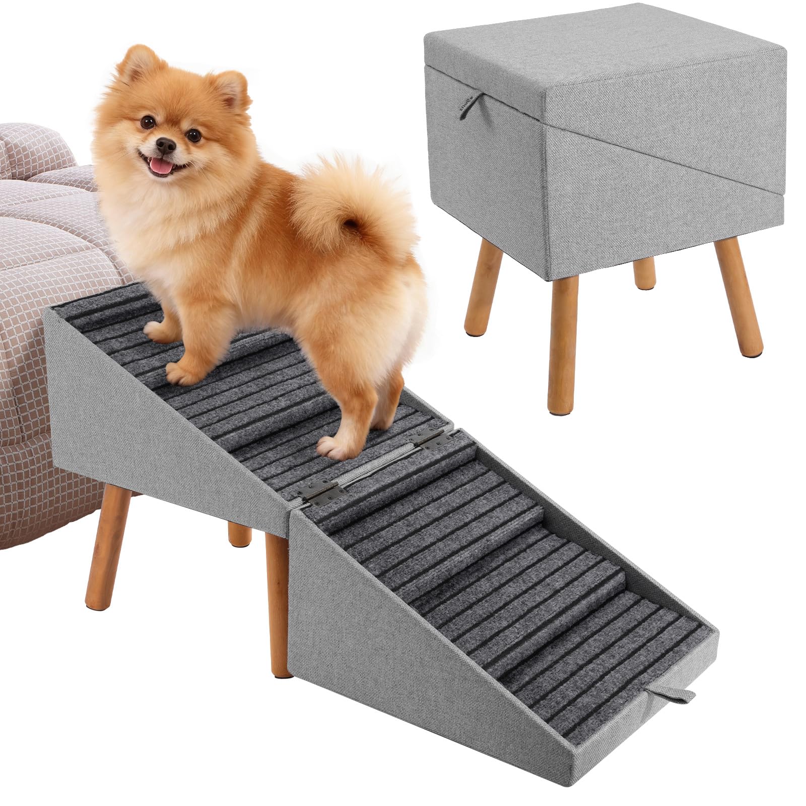 Ziluce Foldable 6-Steps Dog Ramp & Ottoman–Non-Slip Pet Stairs for Bed, 21.06" H Dog stairs for Elderly/Injured/Small Dogs, Convertible Shoe Bench, Easy-Clean Fabric (Light Grey)