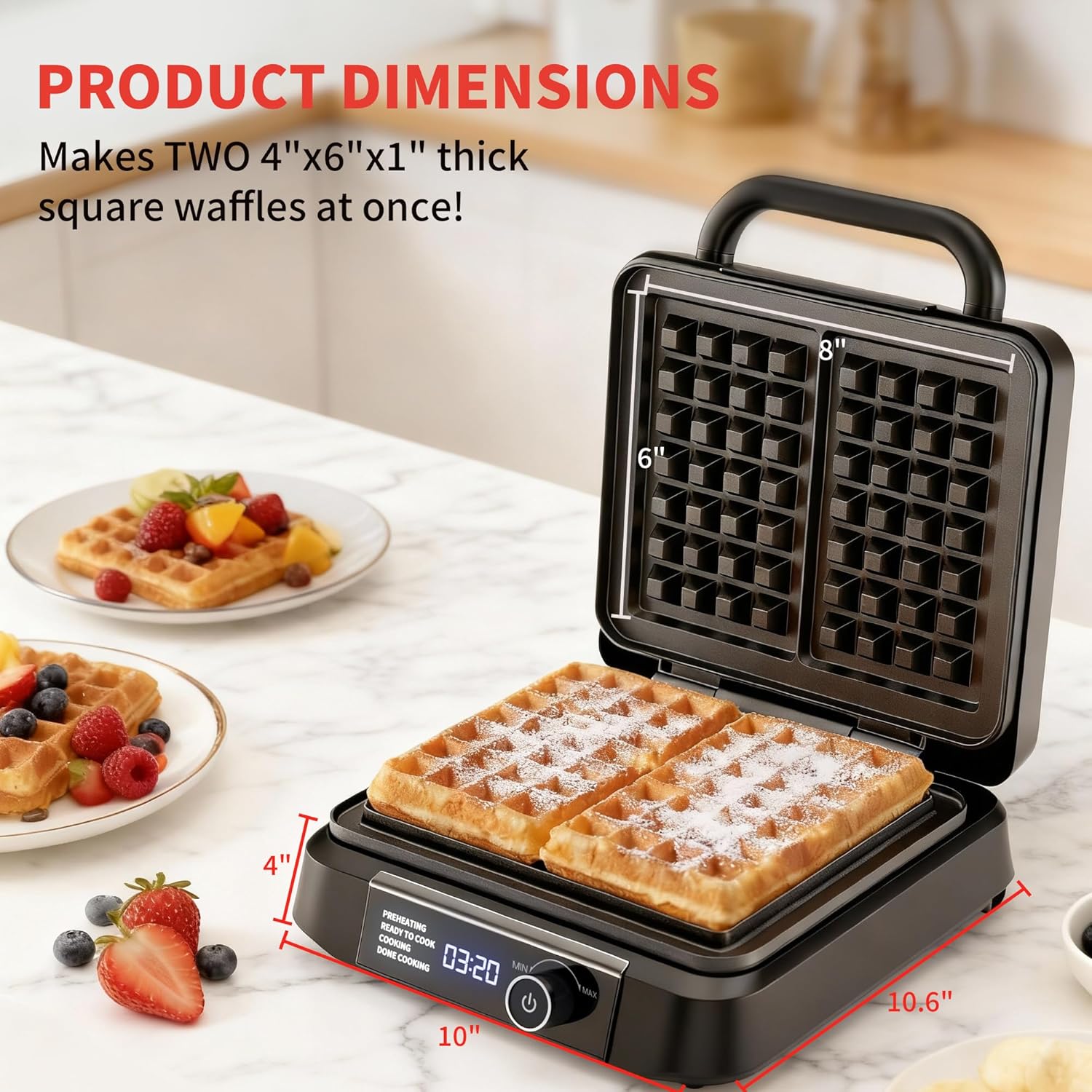 Waffle Maker, 1200W Belgian Waffle Maker, Dual Rectangular Thick Waffle Iron, 7-Level Browning LED Panel, Nonstick Plates, Anti-spill Design, Audible Ready Beep, Easy Cleanup, Stainless Steel