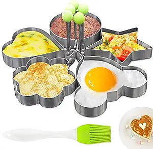 5 Pcs Pancake Molds for Griddle — Egg Shaper for Frying Pan, Stainless Steel Pancake Mold for Omelettes & Fried Eggs — Easy to Use & Clean, Various Shapes for Breakfast, Snacks & Creative Cooking