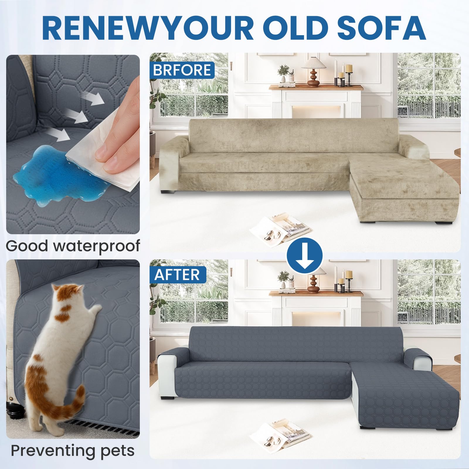 Ystyle Copridivano Impermeabile con Penisola 2 Posti (L 200 CM), Copridivano Angolare Destra/Sinistra Universale Reversibile, Copridivano Chaise longue Antigraffio Antimacchia, Grigio